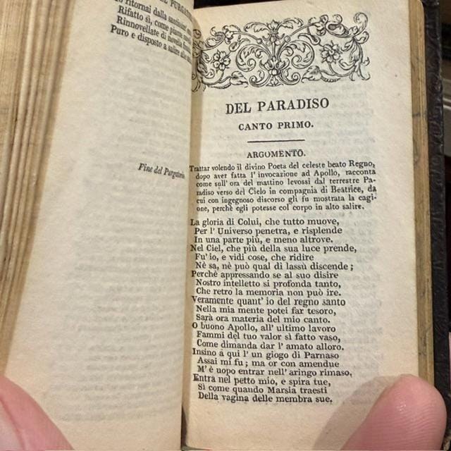 La Divina Commedia Di Dante; Dell' Inferno, Del Purgatorio, Del Paradiso in two small volumes, Italian language. — photograph 9.