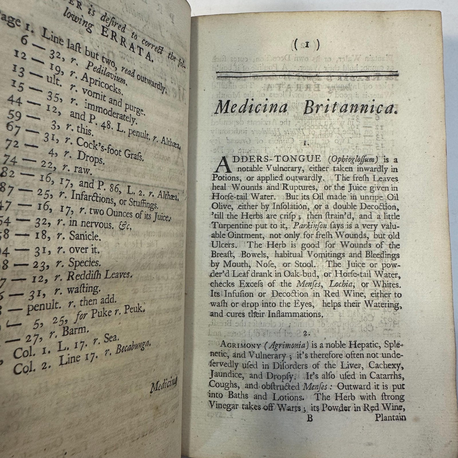 Medicina Britannica: Or, A Treatise on Such Physical Plants, as Are Generally to be Found in the Fields or Gardens in Great-Britain; Containing a Particular Account of their Nature, Virtues, and Uses. Together with The Observations of The Most Learned Physicians, as well Ancient as Modern, Communicated to the Late Ingenious Mr. Ray, and The Learned Dr. Sim. Pauli. Adapted More Especially to the Occasions of Those, Whose Condition or Situation of Life Deprives them, In a Great Measure, of The helps of The Learned. To which are added, Three Indexes: The First Containing the English and Latin Names of The Plants Treated of: The Second of Diseases, and Their Remedies: The Third to the Notes. — photograph 6.