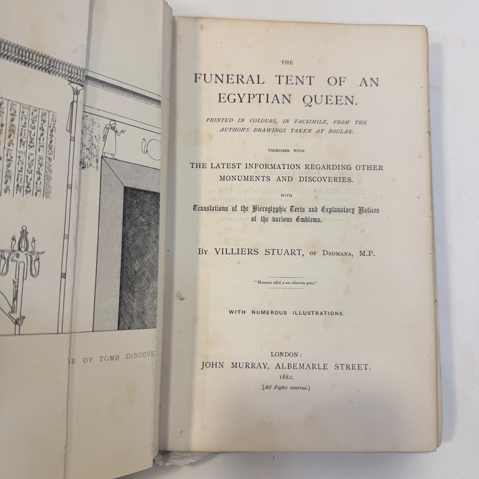 Funeral Tent of an Egyptian Queen, printed in colours, in Facsimile, From the author's drawings taken at Boulak together with the latest information regarding other Monuments and Discoveries. With translations of the hieroglyphic texts and explanatory notices of the arious Emblems. By Villiers Stuart, of Dromana, M.P. With numerous Illustrations. — photograph 4.