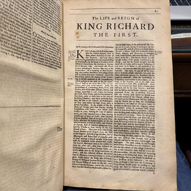 A Chronicle of The Kings of England. From The Time of The Romans Government, unto The Death of King James. Containing all Passages of State and Church, With All other Observations Proper for a Chronicle. Faithfully Collected out of Author's Ancient and Modern; and Digested into a Method. Whereunto is Added, The Reign of King Charles the First, and The First Thirteen Yeears of His Sacred Majesty, King Charles the Second, That Now Reigneth. In Which many Material Affairs of State, Never Before Published; and likewise the most Remarkable Occurrences relating to his Majesties Most Happy and Wonderful Restauration, by the Prudent Conduct, Under God, of George late Duke of Albemarle, Captain General of All His Majesties Armies. As They were extracted out of His Excellencies own Papers, and The Journals and Memorials of Those imploy'd in the most Important and Secret Transactions of That Time. All which Additions arte Revised in this Seventh Impression, and Freed from many Errors and Mistakes of The Former Editions. — photograph 6.