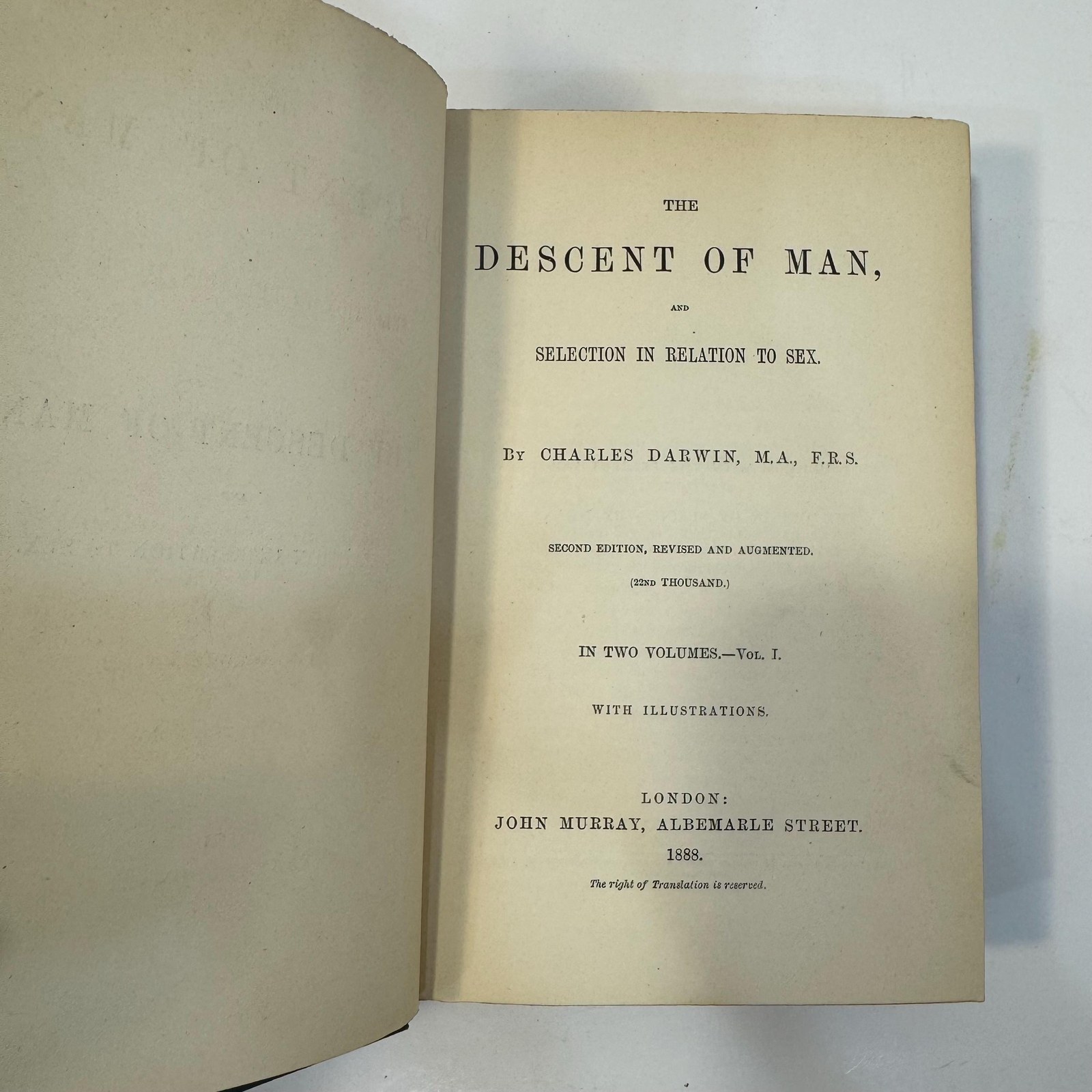 The Descent of Man, and Selection in Relation to Sex. Second Edition, Revisd and Augmented. (22nd Thousand) In Two Volumes, with Illustrations. — photograph 6.
