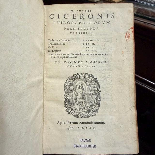 M. Tullii Ciceronis Philosophicorum Pars Secunda, Continens De Natura Deorum Libros III, De Divinatione Libros II, De Fato Librum I, De Legibus Libros III, and Fragmenta Librorum Philosophicorum; with M. Tullii Ciceronis De Officiis Libri III, Cato Maior, Seu De Senectute, Laelius, Seu De Amicitia, Paradoxa Stoicorum Sex, Fragmenta Poematum Including the Aratea, and De Petitione Consulatus. Ex Dionysii Lambini Emendatione. Translated: Cicero, Marcus Tullius. Philosophical Works, Parts Two and Three, Containing On the Nature of the Gods, On Divination, On Fate, On the Laws, On Duties, On Old Age, On Friendship, the Stoic Paradoxes, Poetical Fragments Including the Aratea, and On Canvassing for the Consulship. Edited and Annotated by Denis Lambin. Two Parts Bound in One Volume. — photograph 2.