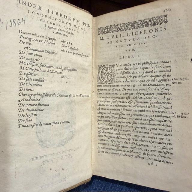 M. Tullii Ciceronis Philosophicorum Pars Secunda, Continens De Natura Deorum Libros III, De Divinatione Libros II, De Fato Librum I, De Legibus Libros III, and Fragmenta Librorum Philosophicorum; with M. Tullii Ciceronis De Officiis Libri III, Cato Maior, Seu De Senectute, Laelius, Seu De Amicitia, Paradoxa Stoicorum Sex, Fragmenta Poematum Including the Aratea, and De Petitione Consulatus. Ex Dionysii Lambini Emendatione. Translated: Cicero, Marcus Tullius. Philosophical Works, Parts Two and Three, Containing On the Nature of the Gods, On Divination, On Fate, On the Laws, On Duties, On Old Age, On Friendship, the Stoic Paradoxes, Poetical Fragments Including the Aratea, and On Canvassing for the Consulship. Edited and Annotated by Denis Lambin. Two Parts Bound in One Volume. — photograph 4.