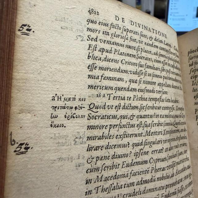 M. Tullii Ciceronis Philosophicorum Pars Secunda, Continens De Natura Deorum Libros III, De Divinatione Libros II, De Fato Librum I, De Legibus Libros III, and Fragmenta Librorum Philosophicorum; with M. Tullii Ciceronis De Officiis Libri III, Cato Maior, Seu De Senectute, Laelius, Seu De Amicitia, Paradoxa Stoicorum Sex, Fragmenta Poematum Including the Aratea, and De Petitione Consulatus. Ex Dionysii Lambini Emendatione. Translated: Cicero, Marcus Tullius. Philosophical Works, Parts Two and Three, Containing On the Nature of the Gods, On Divination, On Fate, On the Laws, On Duties, On Old Age, On Friendship, the Stoic Paradoxes, Poetical Fragments Including the Aratea, and On Canvassing for the Consulship. Edited and Annotated by Denis Lambin. Two Parts Bound in One Volume. — photograph 6.