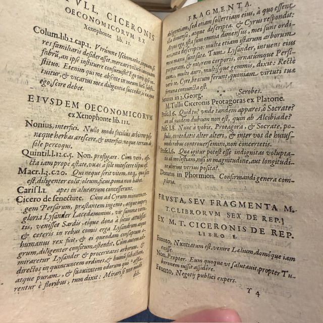 M. Tullii Ciceronis Philosophicorum Pars Secunda, Continens De Natura Deorum Libros III, De Divinatione Libros II, De Fato Librum I, De Legibus Libros III, and Fragmenta Librorum Philosophicorum; with M. Tullii Ciceronis De Officiis Libri III, Cato Maior, Seu De Senectute, Laelius, Seu De Amicitia, Paradoxa Stoicorum Sex, Fragmenta Poematum Including the Aratea, and De Petitione Consulatus. Ex Dionysii Lambini Emendatione. Translated: Cicero, Marcus Tullius. Philosophical Works, Parts Two and Three, Containing On the Nature of the Gods, On Divination, On Fate, On the Laws, On Duties, On Old Age, On Friendship, the Stoic Paradoxes, Poetical Fragments Including the Aratea, and On Canvassing for the Consulship. Edited and Annotated by Denis Lambin. Two Parts Bound in One Volume. — photograph 8.