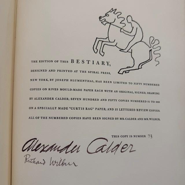 A Bestiary, Compiled by Richard Wilbur, Illustrated by Alexander Calder, Limited Edition #73/800, Signed by both. — photograph 7.