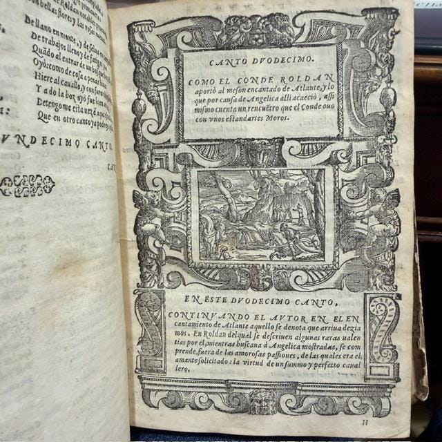 Orlando Furioso; Dirigido al Príncipe Don Philipe Nuestro Señor, Traduzido en Romance Castellano por Don Jeronymo de Urrea. Hanse añadido breves moralidades harto necessarias a la declaración de los cantos, y la tabla es muy mas aumentada. Translated: Orlando Furioso; Dedicated to the Prince Don Philip, Our Lord, Translated into the Castilian Language by Don Jerónimo de Urrea. Brief moral commentaries have been added, which are very necessary for the explanation of the cantos, and the table has been greatly enlarged. (&) Comedia Dei Doctor Carlino, de Don Luis de Gongor. — photograph 10.
