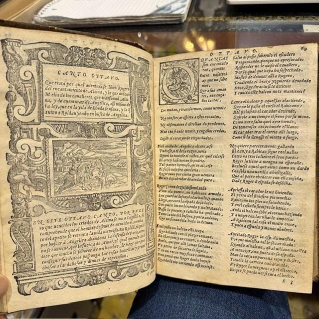 Orlando Furioso; Dirigido al Príncipe Don Philipe Nuestro Señor, Traduzido en Romance Castellano por Don Jeronymo de Urrea. Hanse añadido breves moralidades harto necessarias a la declaración de los cantos, y la tabla es muy mas aumentada. Translated: Orlando Furioso; Dedicated to the Prince Don Philip, Our Lord, Translated into the Castilian Language by Don Jerónimo de Urrea. Brief moral commentaries have been added, which are very necessary for the explanation of the cantos, and the table has been greatly enlarged. (&) Comedia Dei Doctor Carlino, de Don Luis de Gongor. — photograph 8.