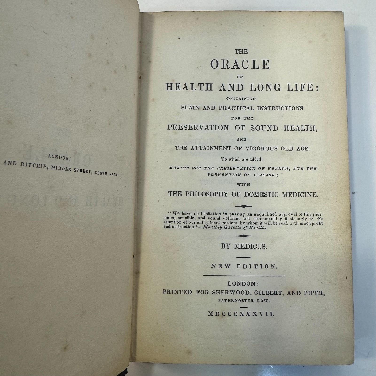 The Oracle of Health and Long Life: Containing Plain and Practical Instructions for The Preservation of Sound Health, and The Attainment of Vigorous Old Age. To Which are Added, Maxims for The Preservation of Health, and The Prevention of Disease; With The Philosophy of Domestic Medicine, A New Edition — photograph 6.