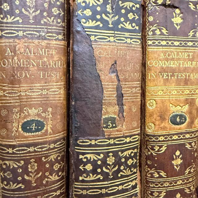 P. R. D. Augustini Calmet, Ordinis S. Benedicti, Congregationis SS. Vitoni et Hidulphi, Commentarius Literalis in Omnes Libros Veteris Testamenti, Latinis Literis Traditus a Joanne Dominico Mansi, Congregationis Clericorum Regularium Matris Dei, Lucensi. Editio Novissima ad Exemplar Parisiense Correcta. Translated: The Literal Commentary of the Reverend Father Dom Augustin Calmet, of the Order of Saint Benedict and the Congregation of Saints Vitonus and Hidulphus, on All the Books of the Old Testament, Rendered into Latin by Giovanni Domenico Mansi, of Lucca, of the Congregation of the Clerics Regular of the Mother of God. The Latest Edition, Corrected According to the Paris Edition. ***AND*** R. P. D. Augustini Calmet, Ordinis S. Benedicti, Congregationis SS. Vitoni et Hidulphi, Commentarius Literalis in Omnes Libros Novi Testamenti, Latinis Literis Traditus a Joanne Dominico Mansi, Congregationis Clericorum Regularium Matris Dei, Lucensi. Editio Novissima ad Exemplar Parisiense Correcta. Translated: The Literal Commentary of the Reverend Father Dom Augustin Calmet, of the Order of Saint Benedict and the Congregation of Saints Vitonus and Hidulphus, on All the Books of the New Testament, Rendered into Latin by Giovanni Domenico Mansi, of Lucca, of the Congregation of the Clerics Regular of the Mother of God. The Latest Edition, Corrected According to the Paris Edition. — photograph 8.