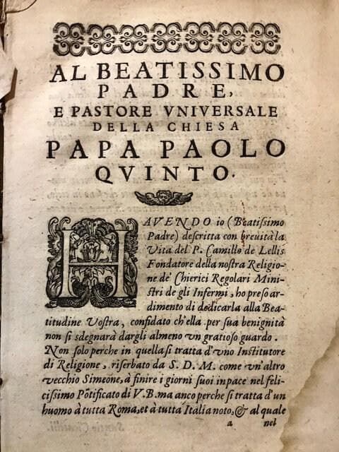 Vita del P. Camillo de Lellis fondatore della Theologye de Chierici Regolari ministri degli infermi descritta dal P. Santio Cicatelli sacerdote dell'istessa Theologyevita Delp camillo de Lellis Fondatore Della Theologye de Chierici Regolari Ministri Degli InfermireTRANSLATION: Life of the founder. Camillo de Lellis founder of the Cherica Theology Regular ministers of the infirmities desccompartmented by the founder. Santio Cicatelli priest of the faithful, Delp camillo de Lellis Founder of the Theology of Chierici Regular Nurses — photograph 7.