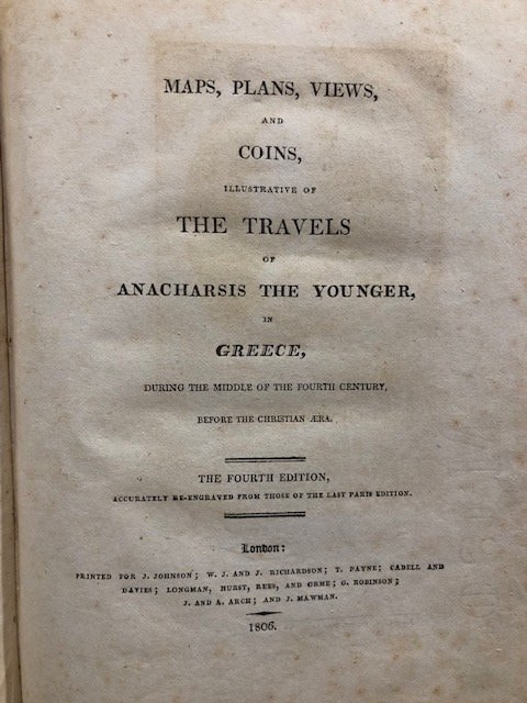 Travels of Anacharsis the Younger in Greece during the middle of the fourth century before the Christian aera. Translated From the French. In seven volumes. And an eighth, in quarto, containing Maps, Plans, Views, and Coins, illustrative of the Geography and Antiquities of Ancient Greece. — photograph 10.