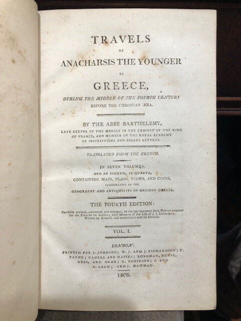 Travels of Anacharsis the Younger in Greece during the middle of the fourth century before the Christian aera. Translated From the French. In seven volumes. And an eighth, in quarto, containing Maps, Plans, Views, and Coins, illustrative of the Geography and Antiquities of Ancient Greece. — photograph 5.