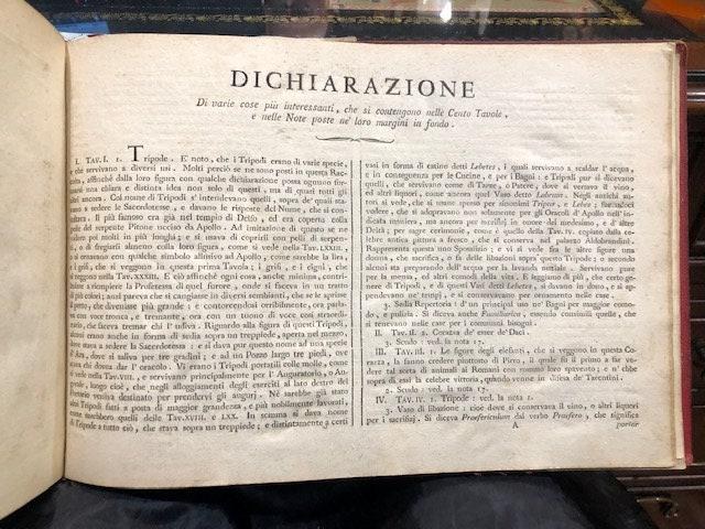 Raccolta di cento tavole rappresentanti i costumi religiosi, civile e militari degli antichi Egiziani, Etruschi, Greci e Romani, tratti dagli antichi monumenti per uso di professori delle belle arti disegnate ed incise in rame. Coll'aggiunta fine di varie dichiarazioni e d'un indice. // (Collection of one hundred tables representing the Theology, civil and military customs of the ancient Egyptians, Etruscans, Greeks and Romans, taken From ancient monuments for use by professors of fine arts designed and engraved in copper. With the fine addition of various declarations and an index.) — photograph 10.