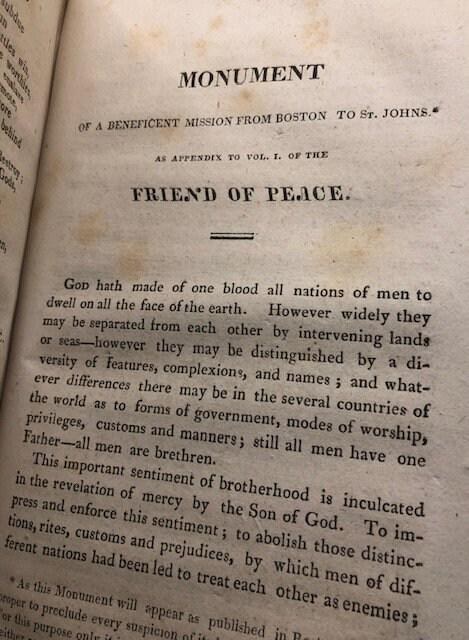 The Friend of Peace, 1-12. + Solemn Review of the Custom of War; showing that was is the effect of Popular Delusion and Proposing a Remedy, 5th edition Cambridge; Hilliard and Metcalf, 1816. + National Dangers, and Means of Escape. + Sixth Annual Report of the Massachusetts Peace Society. — photograph 6.