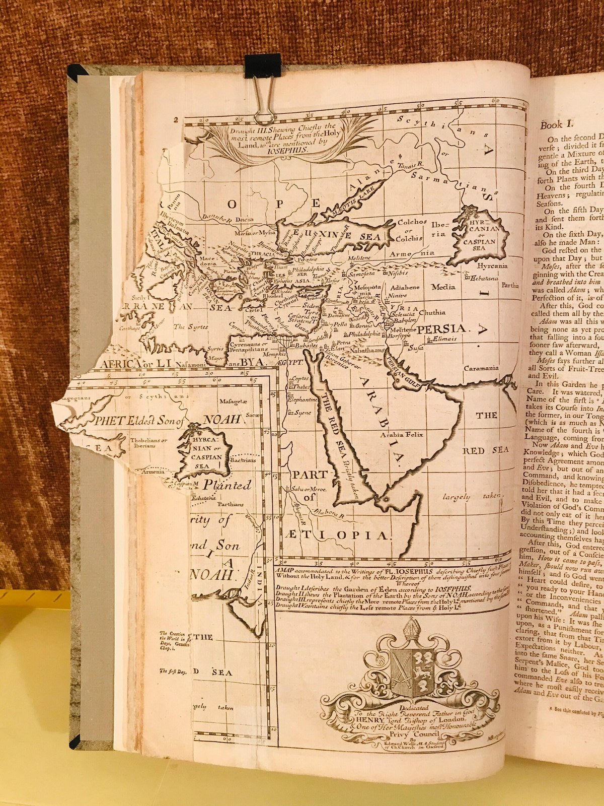 Works of Flavius Josephus: translated into English by Sir Roger L'Estrange Knight. Viz. I. The Antiquities of the Jews, in twenty Books. II. Their Wars with the Romans, in Seven Books. III. The Life of Josephus written by himself. IV. His Book against Apion, in Defence of the Antiquities of the Jews, in Two Parts. V. The Martyrdom of the Maccabees. VI. Philo's Embassy From the Jews of Alexandria to Caius Caligula. : All carefully revised, and compared with the original Greek. : To which are added, Two Discourses, and several Remarks and Observations upon Josephus. Together with Maps, Sculptures, and Accurate Indexes. : The Sixth Edition : With the Addition of a New Map of Palestine, the Temple of Jerusalem, and the Geneology of Herod the Great ; taken from Villalpandus, Reland, &c. — photograph 2.