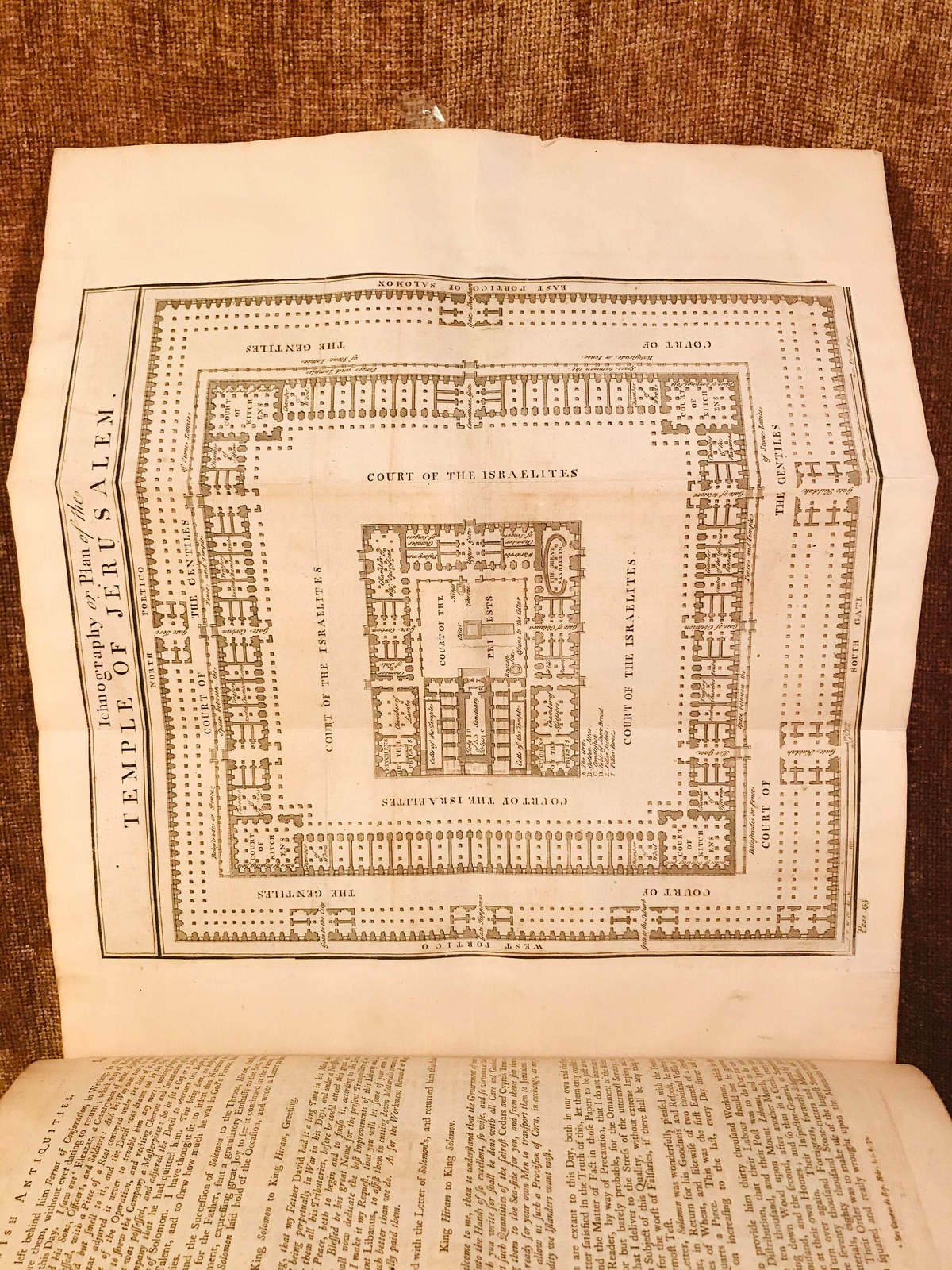 Works of Flavius Josephus: translated into English by Sir Roger L'Estrange Knight. Viz. I. The Antiquities of the Jews, in twenty Books. II. Their Wars with the Romans, in Seven Books. III. The Life of Josephus written by himself. IV. His Book against Apion, in Defence of the Antiquities of the Jews, in Two Parts. V. The Martyrdom of the Maccabees. VI. Philo's Embassy From the Jews of Alexandria to Caius Caligula. : All carefully revised, and compared with the original Greek. : To which are added, Two Discourses, and several Remarks and Observations upon Josephus. Together with Maps, Sculptures, and Accurate Indexes. : The Sixth Edition : With the Addition of a New Map of Palestine, the Temple of Jerusalem, and the Geneology of Herod the Great ; taken from Villalpandus, Reland, &c. — photograph 5.