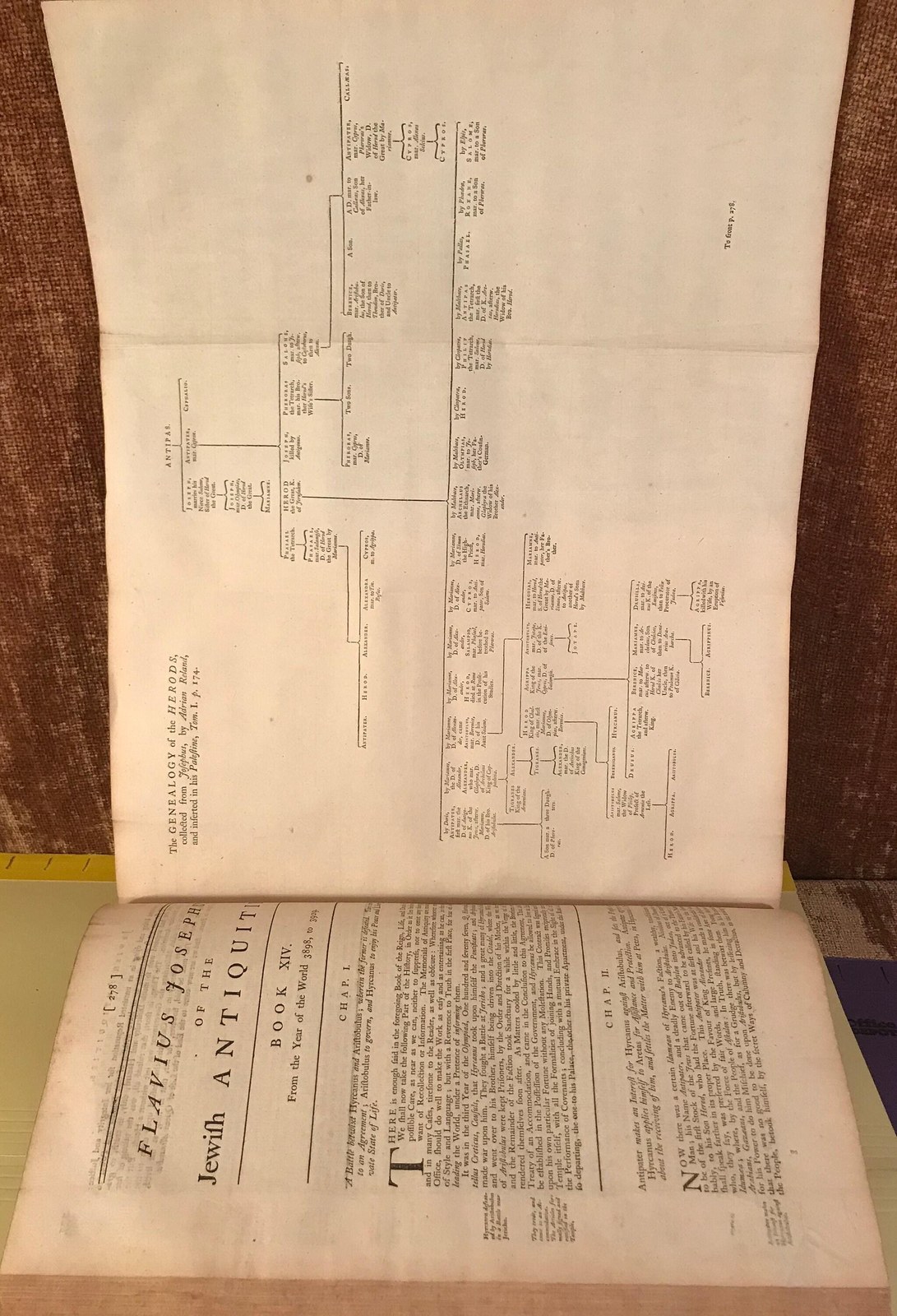 Works of Flavius Josephus: translated into English by Sir Roger L'Estrange Knight. Viz. I. The Antiquities of the Jews, in twenty Books. II. Their Wars with the Romans, in Seven Books. III. The Life of Josephus written by himself. IV. His Book against Apion, in Defence of the Antiquities of the Jews, in Two Parts. V. The Martyrdom of the Maccabees. VI. Philo's Embassy From the Jews of Alexandria to Caius Caligula. : All carefully revised, and compared with the original Greek. : To which are added, Two Discourses, and several Remarks and Observations upon Josephus. Together with Maps, Sculptures, and Accurate Indexes. : The Sixth Edition : With the Addition of a New Map of Palestine, the Temple of Jerusalem, and the Geneology of Herod the Great ; taken from Villalpandus, Reland, &c. — photograph 6.