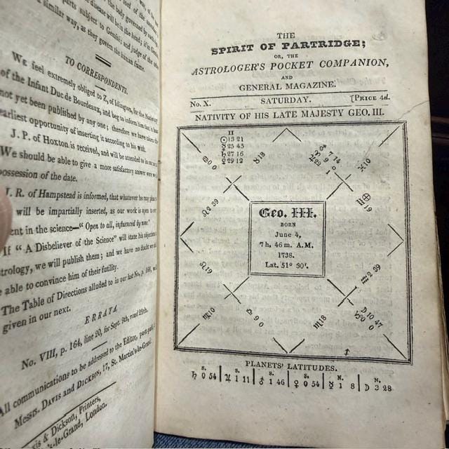 The Spirit of Patridge; or, The Astrologer's Pocket Companion, and General Magazine: Including the First part of Partridges's Pous Reformatum, with Eleven Curious Nativities; Biographical Memoirs of Prominent Men; Observations on the New Planet Herschel, from Practice, with other valuable remarks on astrology not extent, and astrological tables. — photograph 5.