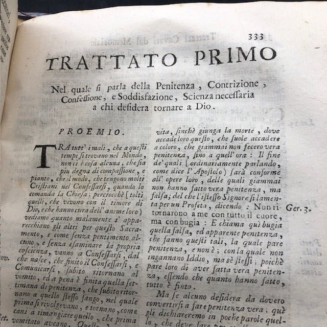 Guida Ovvero Scorta de' Peccatori del Reverendo Padre F. Luigi di Granata Dell' Ordine di S. Domenico Nuovamente Revista, e Corretta: Aggiuntovi il Trattato Della Confessione, e Comunione del Medesimo Autore. TRANSLATION: Guide of the Sinners by the Reverend Father F. Luigi di Granata of the Order of S. Domenico Newly Revised, and Corrected: Added the Treatise on Confession, and Communion by the same Author. — photograph 3.