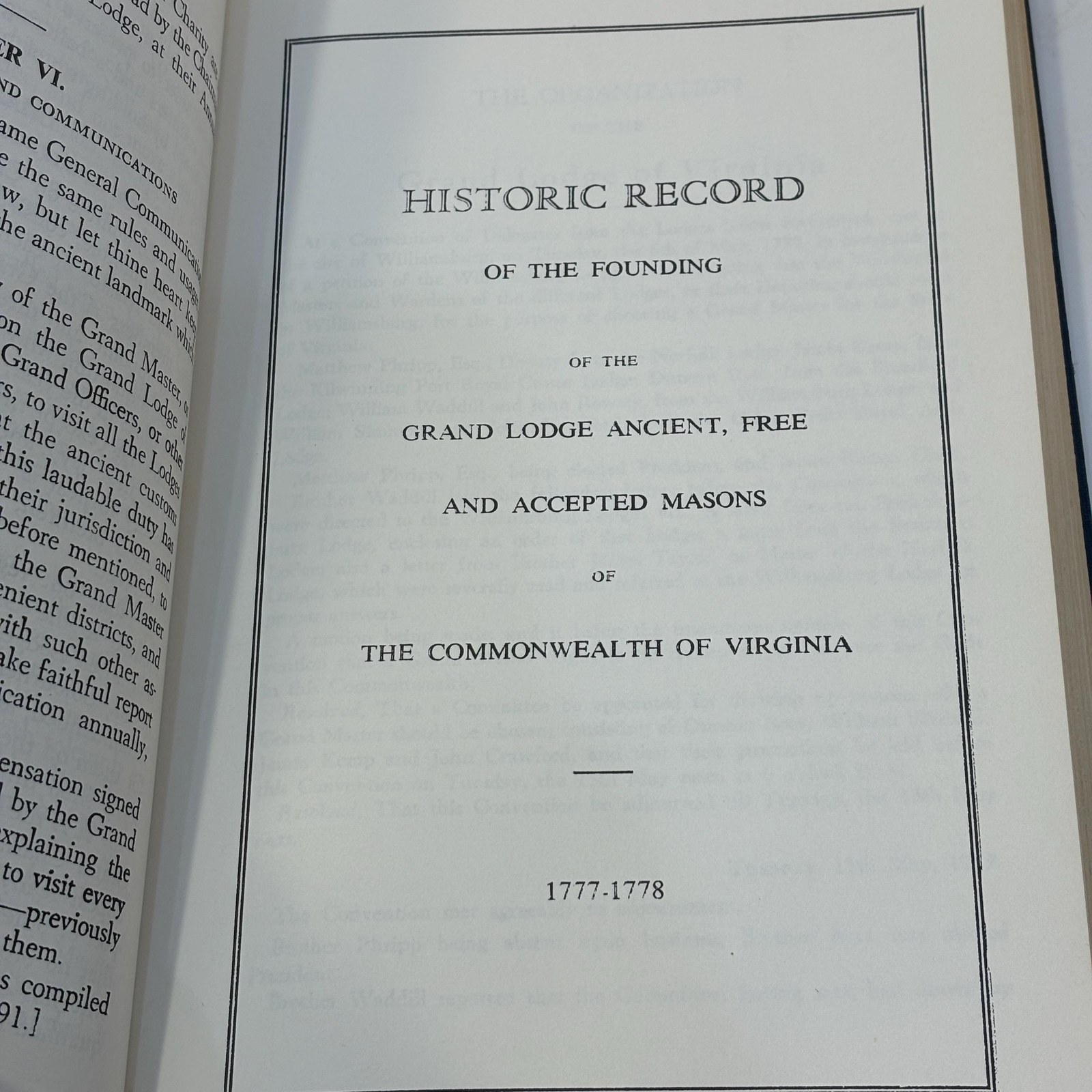Presentation Volume Containing The Book of Constitutions, Historic Records, Manuel of Work, Manusl of Cermonies, Mentors Manual of the Grand Lodge of Virginia 1977 — photograph 2.