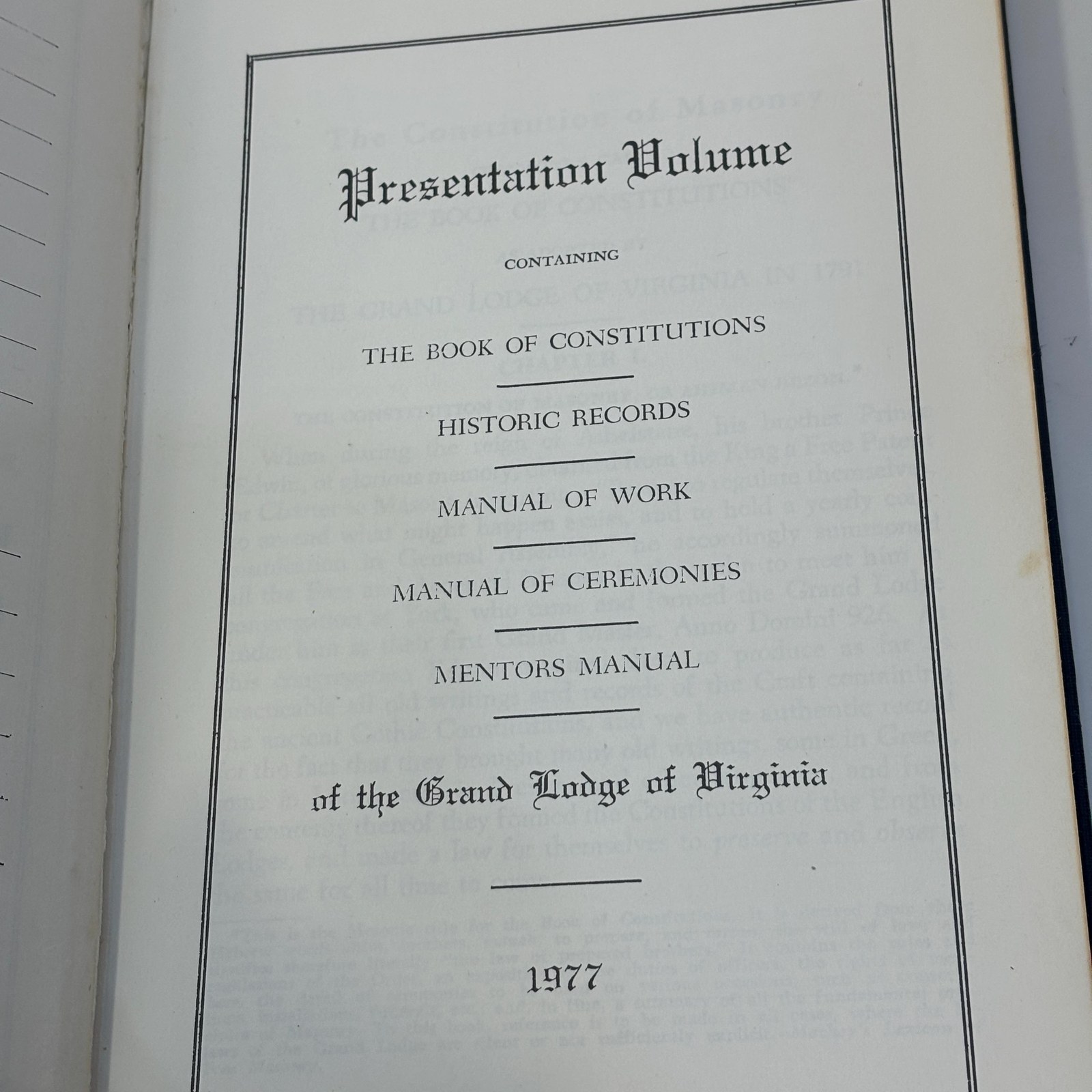 Presentation Volume Containing The Book of Constitutions, Historic Records, Manuel of Work, Manusl of Cermonies, Mentors Manual of the Grand Lodge of Virginia 1977 — photograph 4.