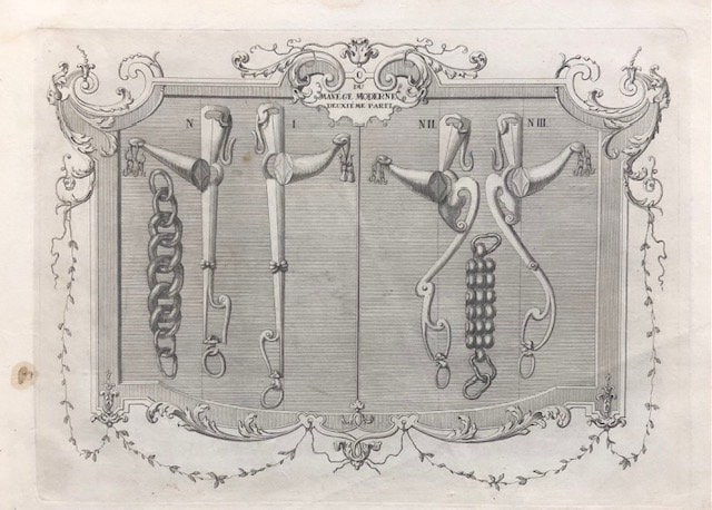 Description du Manége Moderne. Dans sa Perfection, Expliqué par des leçons necessaires, et representé par des figures exactes, depuis l'assiette de l'homme à cheval, jusqu'à l'arrest accompagné aussi de divers mords pour bien brider les chevaux, ecrit et dessiné par le baron D'Eisenberg, et gravé par B. Picart. TRANSLATION: "Description of Modern Horsemanship. In its Perfection, Explained through necessary lessons, and depicted by accurate figures, from the rider's position on horseback to the halt, also accompanied by various bits for properly bridling horses, written and illustrated by Baron D'Eisenberg, and engraved by B. Picart." — photograph 7.