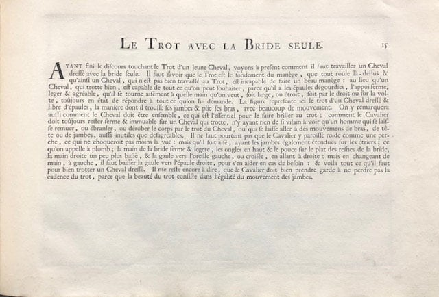 Description du Manége Moderne. Dans sa Perfection, Expliqué par des leçons necessaires, et representé par des figures exactes, depuis l'assiette de l'homme à cheval, jusqu'à l'arrest accompagné aussi de divers mords pour bien brider les chevaux, ecrit et dessiné par le baron D'Eisenberg, et gravé par B. Picart. TRANSLATION: "Description of Modern Horsemanship. In its Perfection, Explained through necessary lessons, and depicted by accurate figures, from the rider's position on horseback to the halt, also accompanied by various bits for properly bridling horses, written and illustrated by Baron D'Eisenberg, and engraved by B. Picart." — photograph 9.