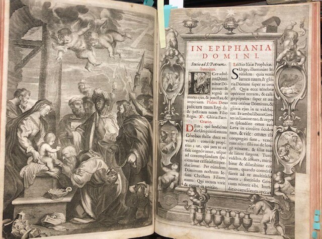 Missale Novum Monasticum Pauli V. Pont. Maximi Auctoritate Recognitum. Pro Omnibus Sub Regula S.P. Benedicti Militantibus, In Quo Missae Propriae de Santis, ac Festis Novissimis, Summis Pontificibus ab An. 1640, .& ad 1679. Tum de Praecepto, tum ad libitum celebrari concessae, omnes suis locis, pro celebrantium commoditate, ad longum extensae, & appositae sunt. Translated from Latin: The New Monastic Missal of Paul V. Pontus Recognized by the greatest authority. For All Under Rule S.P. Blessed Militants, In Which Masses Proper of the Saints, and of the Most Recent Feasts, of the Supreme Pontiffs by An. 1640, .& to 1679. Both of the Precept, and of those permitted to be celebrated at will, all in their places, for the convenience of the celebrants, were extended to a length, and were placed — photograph 3.