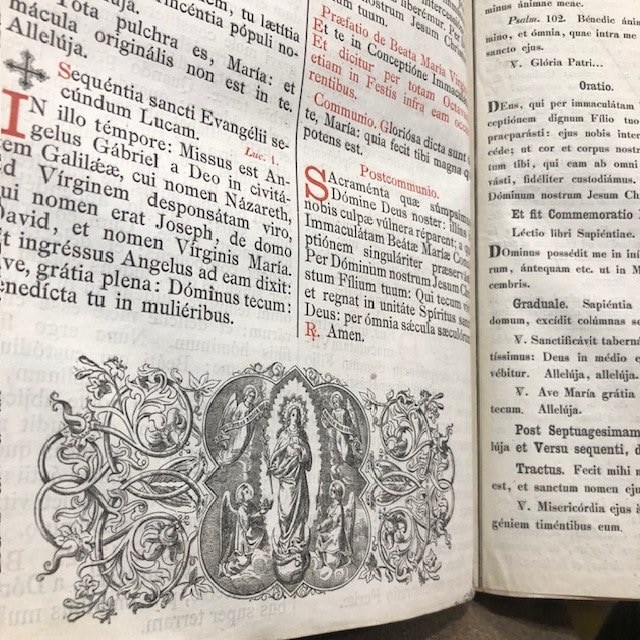 Missale Novum Monasticum Pauli V. Pont. Maximi Auctoritate Recognitum. Pro Omnibus Sub Regula S.P. Benedicti Militantibus, In Quo Missae Propriae de Santis, ac Festis Novissimis, Summis Pontificibus ab An. 1640, .& ad 1679. Tum de Praecepto, tum ad libitum celebrari concessae, omnes suis locis, pro celebrantium commoditate, ad longum extensae, & appositae sunt. Translated from Latin: The New Monastic Missal of Paul V. Pontus Recognized by the greatest authority. For All Under Rule S.P. Blessed Militants, In Which Masses Proper of the Saints, and of the Most Recent Feasts, of the Supreme Pontiffs by An. 1640, .& to 1679. Both of the Precept, and of those permitted to be celebrated at will, all in their places, for the convenience of the celebrants, were extended to a length, and were placed — photograph 8.