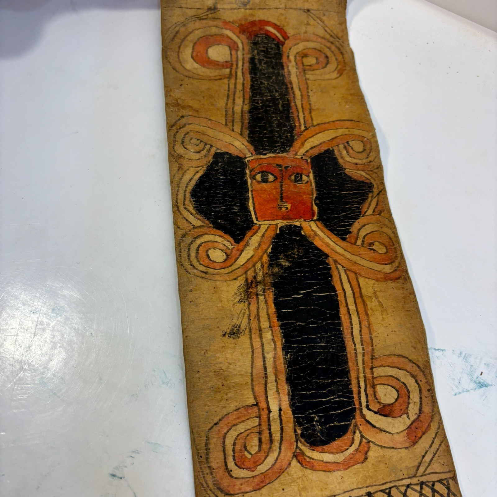 Ethiopian Manuscript Healing Scroll 4" x 82" with 3 images and 191 lines of text in three sheets of hide, connected with leather stitches — photograph 10.