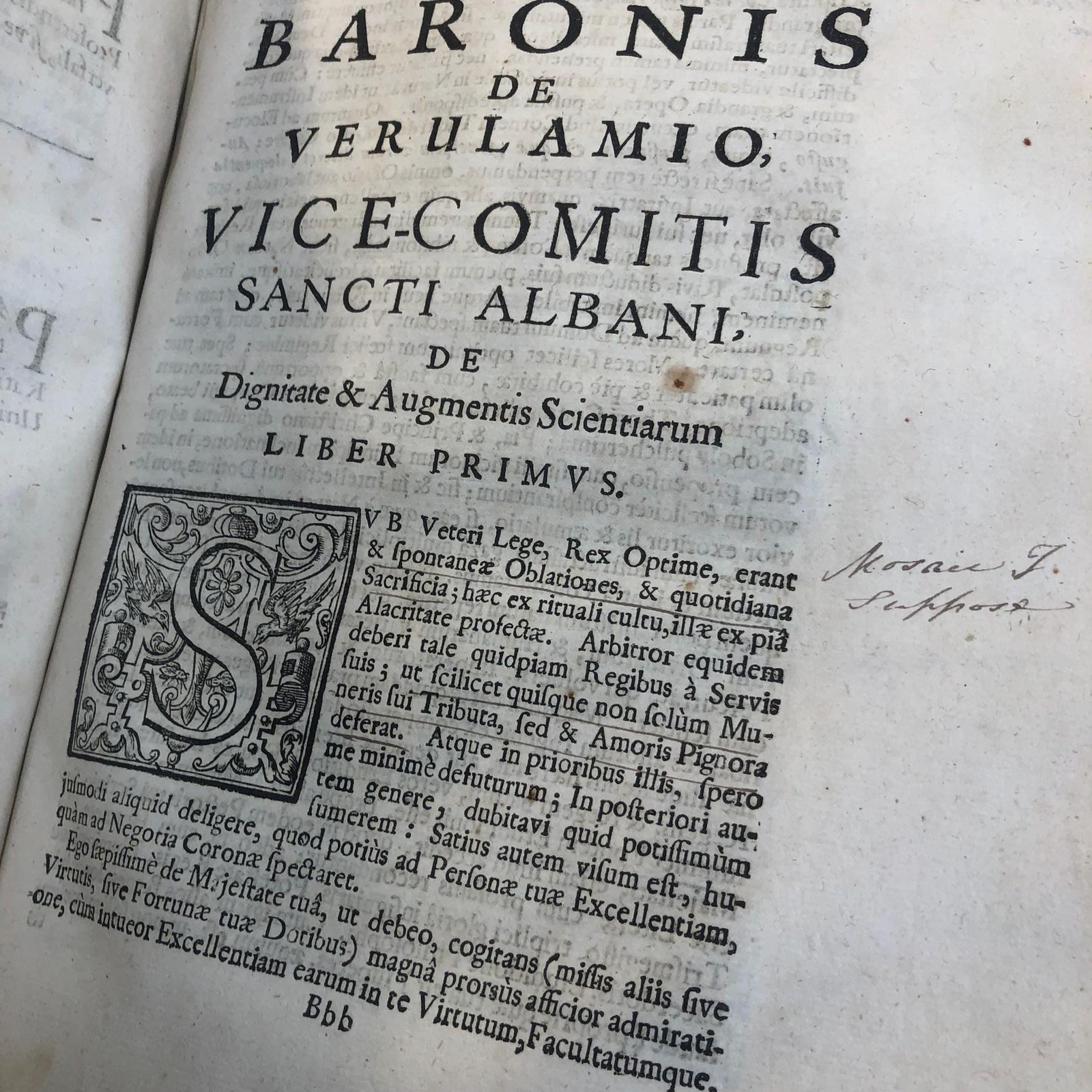 Francisci Baconi, Baronis de Verulamio, Vice-Comitis Sancti Albani, Operum Moralium et Civilium Tomus. Qui continet: Historiam Regni Henrici Septimi, Regis Angliae. Sermones Fidelis, sive Interiora Rerum. Tractatum de Sapientia Veterum. Dialogum de Bello Sacro. Et Novam Atlantidem. Ab ipso Honoratissimo Auctore, praeterquam in paucis, Latinitate donatus. Cura & Fide Guilielmi Rawley, Sacrae Theologiae Doctoris, olim Dominationi suae, nunc Serenissimae Majestati Regiae, a Sacris. In hoc volumine, iterum excusi, includuntur: Tractatus de Augmentis Scientiarum, Historia Ventorum, Historia Vitae & Mortis. Translated from Latin: The Works of Francis Bacon, Baron of Verulam, Vice-Count of St. Albans, Moral and Civil Volume. It contains: The History of the Reign of Henry VII, King of England. Faithful Discourses, or the Innermost Things. Treatise on the Wisdom of the Ancients. Dialogue on the Sacred War. And the New Atlantis. By the Most Honorable Author himself, translated into Latin except for a few, with care and fidelity by William Rawley, Doctor of Sacred Theology, once to his Lordship, now to the Most Serene Royal Majesty, from the Sacred. In this volume, reprinted, are also included: Treatise on the Advancement of Learning, History of Winds, History of Life and Death. — photograph 10.