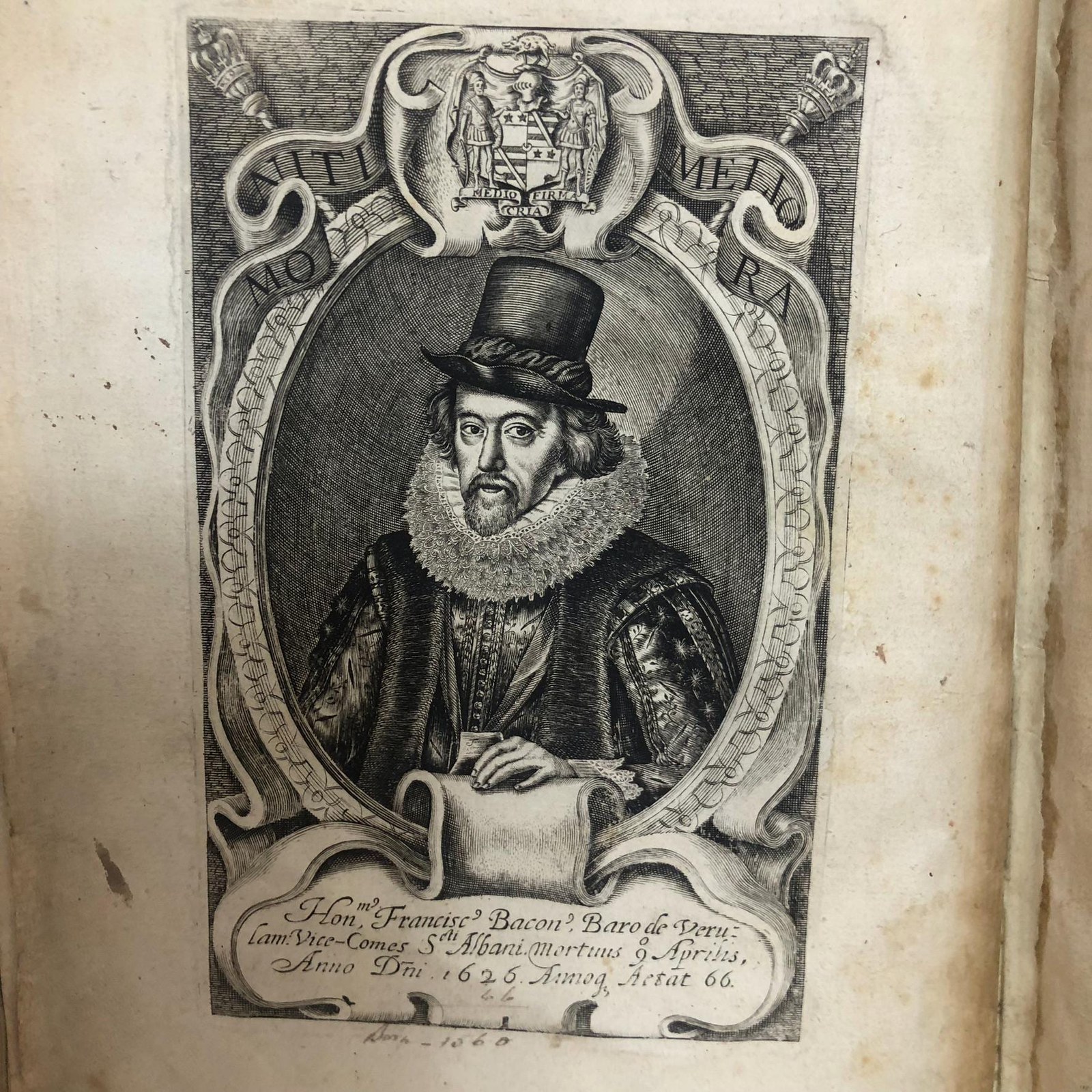 Francisci Baconi, Baronis de Verulamio, Vice-Comitis Sancti Albani, Operum Moralium et Civilium Tomus. Qui continet: Historiam Regni Henrici Septimi, Regis Angliae. Sermones Fidelis, sive Interiora Rerum. Tractatum de Sapientia Veterum. Dialogum de Bello Sacro. Et Novam Atlantidem. Ab ipso Honoratissimo Auctore, praeterquam in paucis, Latinitate donatus. Cura & Fide Guilielmi Rawley, Sacrae Theologiae Doctoris, olim Dominationi suae, nunc Serenissimae Majestati Regiae, a Sacris. In hoc volumine, iterum excusi, includuntur: Tractatus de Augmentis Scientiarum, Historia Ventorum, Historia Vitae & Mortis. Translated from Latin: The Works of Francis Bacon, Baron of Verulam, Vice-Count of St. Albans, Moral and Civil Volume. It contains: The History of the Reign of Henry VII, King of England. Faithful Discourses, or the Innermost Things. Treatise on the Wisdom of the Ancients. Dialogue on the Sacred War. And the New Atlantis. By the Most Honorable Author himself, translated into Latin except for a few, with care and fidelity by William Rawley, Doctor of Sacred Theology, once to his Lordship, now to the Most Serene Royal Majesty, from the Sacred. In this volume, reprinted, are also included: Treatise on the Advancement of Learning, History of Winds, History of Life and Death. — photograph 2.