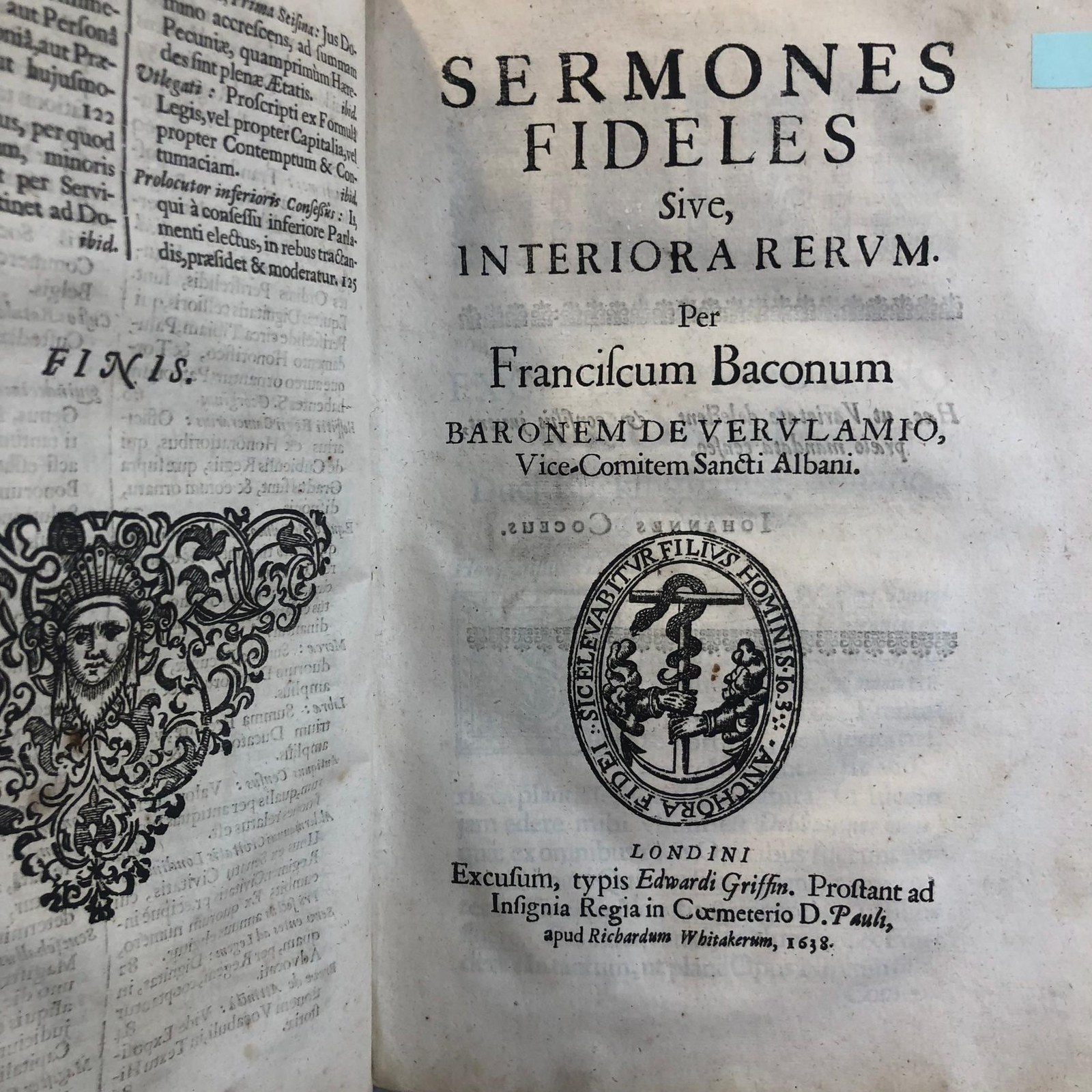 Francisci Baconi, Baronis de Verulamio, Vice-Comitis Sancti Albani, Operum Moralium et Civilium Tomus. Qui continet: Historiam Regni Henrici Septimi, Regis Angliae. Sermones Fidelis, sive Interiora Rerum. Tractatum de Sapientia Veterum. Dialogum de Bello Sacro. Et Novam Atlantidem. Ab ipso Honoratissimo Auctore, praeterquam in paucis, Latinitate donatus. Cura & Fide Guilielmi Rawley, Sacrae Theologiae Doctoris, olim Dominationi suae, nunc Serenissimae Majestati Regiae, a Sacris. In hoc volumine, iterum excusi, includuntur: Tractatus de Augmentis Scientiarum, Historia Ventorum, Historia Vitae & Mortis. Translated from Latin: The Works of Francis Bacon, Baron of Verulam, Vice-Count of St. Albans, Moral and Civil Volume. It contains: The History of the Reign of Henry VII, King of England. Faithful Discourses, or the Innermost Things. Treatise on the Wisdom of the Ancients. Dialogue on the Sacred War. And the New Atlantis. By the Most Honorable Author himself, translated into Latin except for a few, with care and fidelity by William Rawley, Doctor of Sacred Theology, once to his Lordship, now to the Most Serene Royal Majesty, from the Sacred. In this volume, reprinted, are also included: Treatise on the Advancement of Learning, History of Winds, History of Life and Death. — photograph 5.