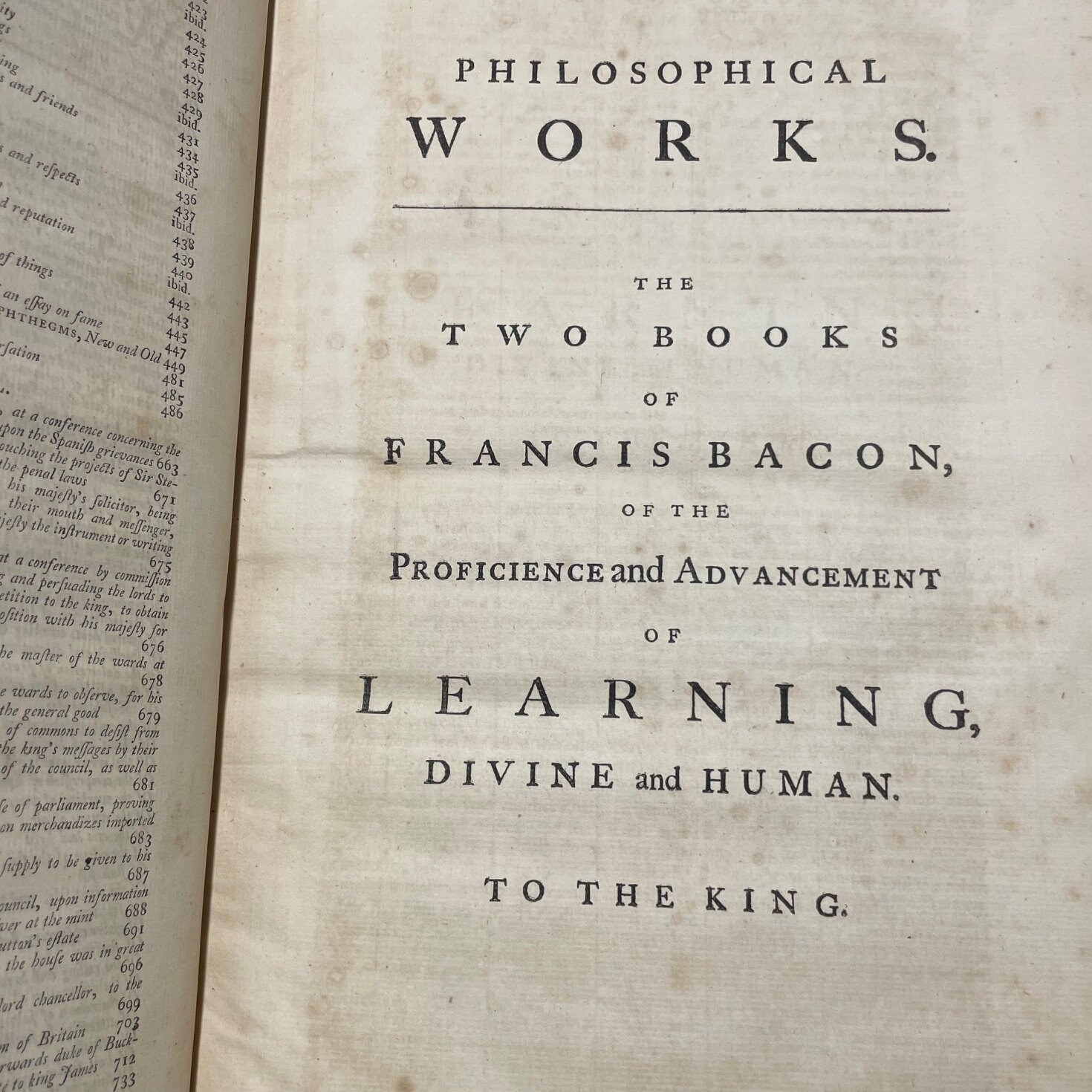 The Works of Francis Bacon, Baron of Verulam, Viscount St. Alban, and Lord High Chancellor of England. In Three Volumes. To Which is Prefixed, a Life of The Author, by Mr. Mallet. Second Edition. (Vol. I only) — photograph 6.