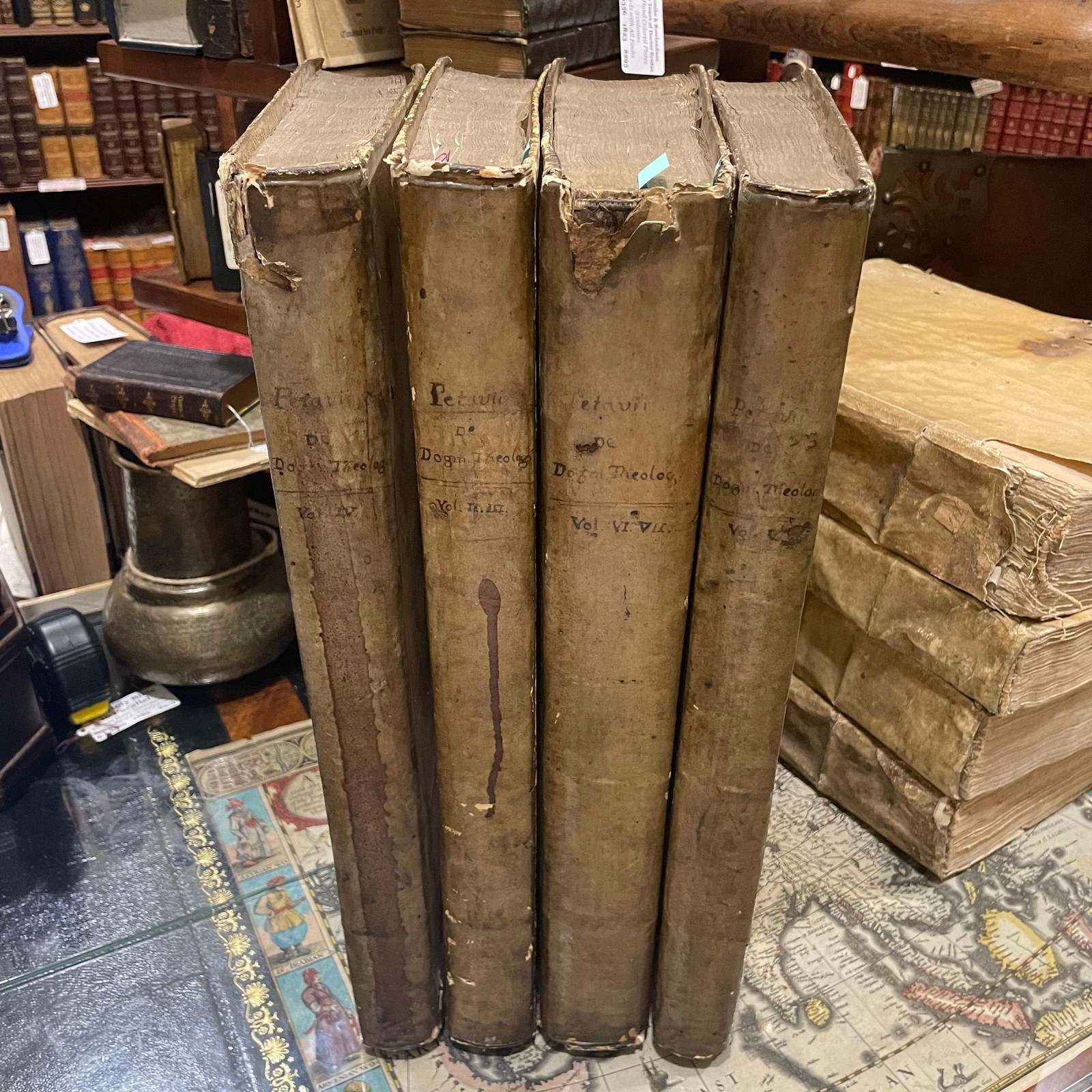 Opus de Theologicis Dogmatibus... Volumes 2 through 6. Dionysii Petavii Aurelianensis e Societate Jesu Opus De Theologicus Dogmatibus, Nunc primum septem voluminibus comprehensum, in meliorem ordinem redactum, Autoris ipsius Vita, ac libris quibusdam numquam in hoc opere editis locupletatum, Francisci Antonii Zachariae ex Eadem Societate Jesu Estensium Principum Bibliotheca Praefecti Dissertationibus, ac notis uberrimis illustratum. Tomus Secundus, Pars Prima, In Qua De SS. Trinitate Libri Priores Quinque. Translated from Latin: Dionysius Petavius of Orleans from the Society of Jesus, Work on Theological Dogmas, Now for the first time comprehended in seven volumes, arranged in better order, enriched with the Author's own Life and some books never before published in this work, illustrated with the dissertations and very copious notes of Francis Antonii Zacharia from the same Society of Jesus, Prefect of the Library of the Este Princes. Volume Two, Part One, In Which Concerning the Holy Trinity, the First Five Books. — photograph 2.