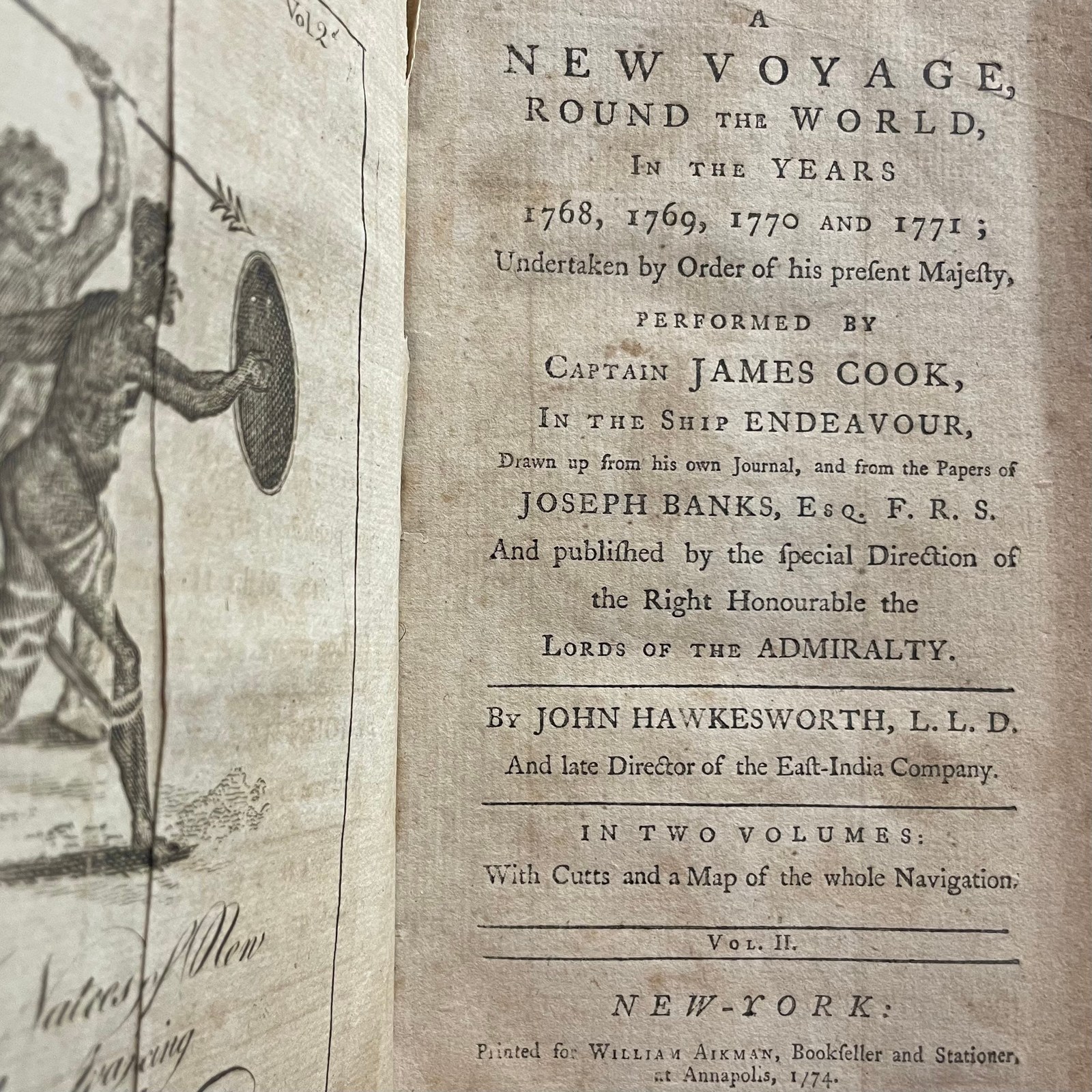 The New Voyage, Round The World, In the Years 1768, 1769, 1770 and 1771; Underrtaken by Order of his Present Majesty, Performed by Captain James Cook, In The Ship Endeavour, Drawn up from his own Journal, and from the Papers of Joseph Banks, Esq. and Published by the special Direction of The Right Honourable the Lords of The Admiralty. In Two Volumes (Vol.II Only) With Cutts and a Map of the Whole Navigation. (1 folding plate as frontispiece) — photograph 8.