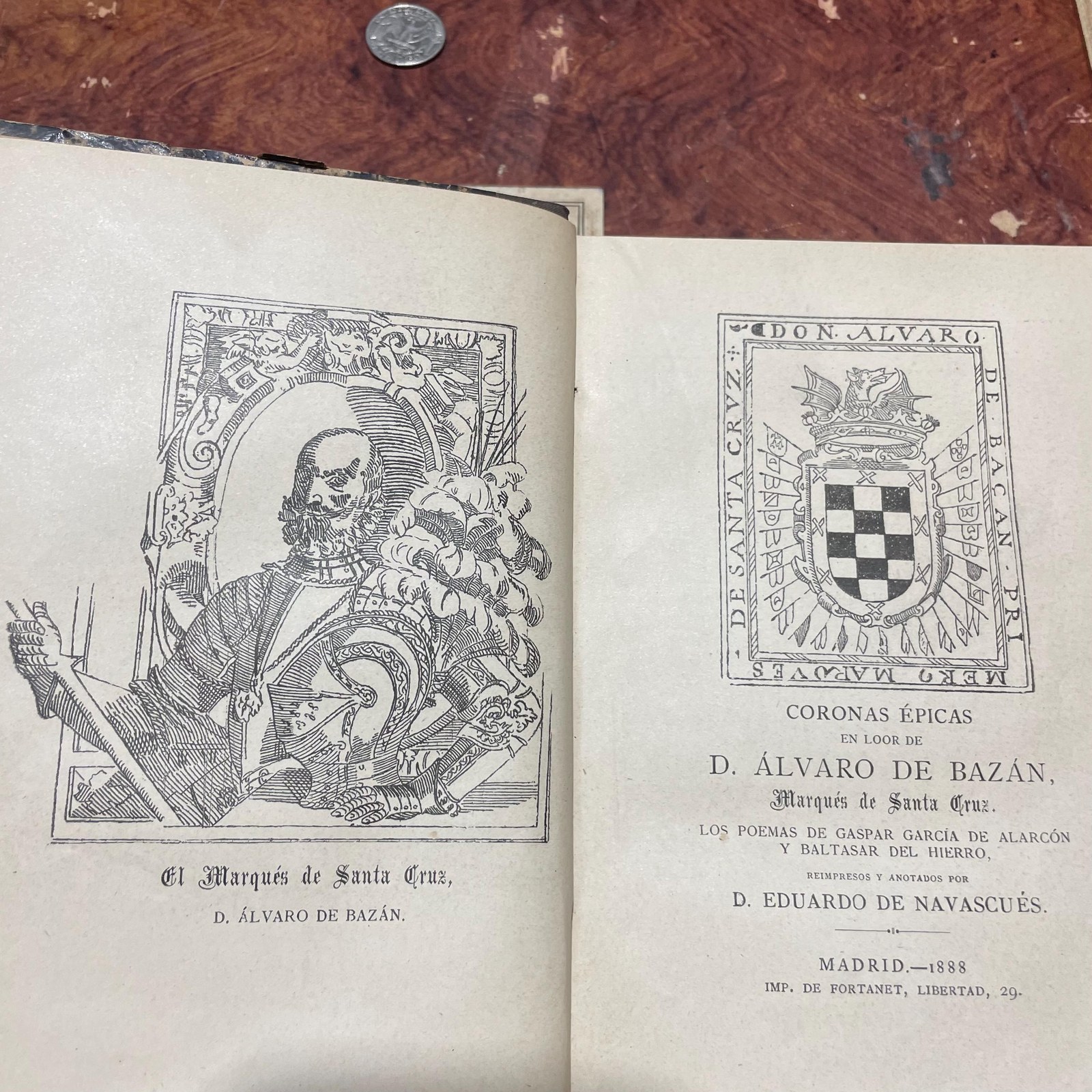 Coronas Epicas En Loor De D. Alvaro de Bazan, Marques de Santa Cruz. Los Poemas De Gasper Garcia De Alarcon Y Baltasar Del Hierro, Reimpresos Y Anotados Por D. Eduardo De Navascues. Translated from Spanish: Epic Crowns in Praise of D. Álvaro de Bazán, Marquis of Santa Cruz. The Poems of Gaspar García de Alarcón and Baltasar del Hierro, Reprinted and Annotated by D. Eduardo de Navasqüés. — photograph 7.