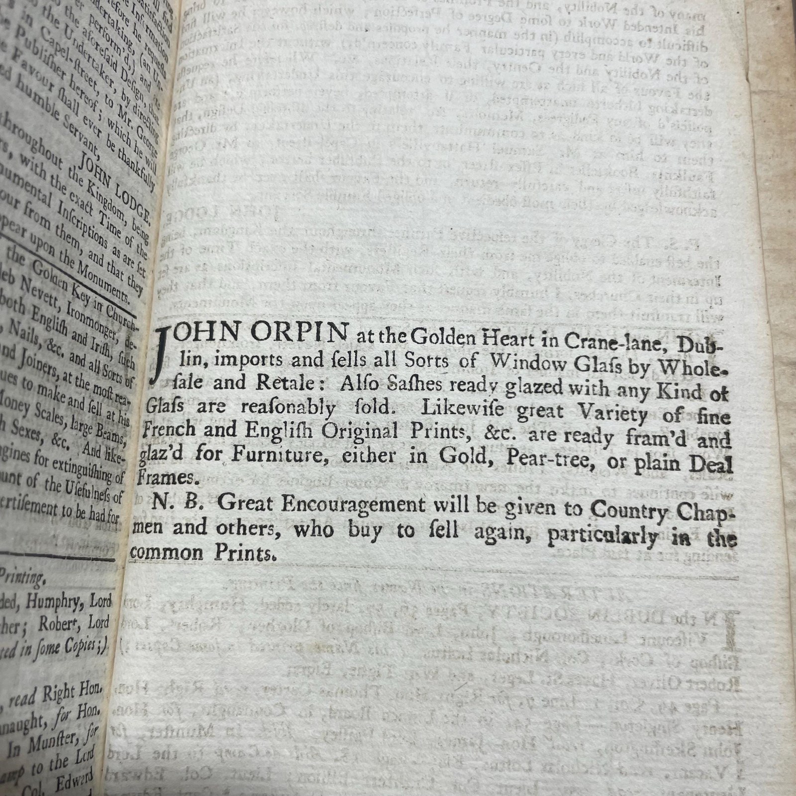 The Gentleman and Citizen's Almanack (By John Watson, Bookseller) For the Year of Our Lord, 1742. Being the Second after Leap-Year. And the Fifteenth Year of King Geo.II. Reign, till 11 june. Containing, The day of The Year and Month; The Week-Days nm=amed at Large; The Sun's Rising and Setting; The Moon's Age and Changes; The New Stile; A Table of Equation; The Time of Hig Water at Dublin-bar; the Times of Having the Lamps Light up in the City of Dublin; and The length of Twilight. Together with a new Sleaing Table, and Several other Tables, Renewed, Improved, or Continued. Likewaise, the Marriages and Deaths of The Princes of Europe. Also, the names of the Lord Lieutenantm Privy Council, The Lords and Commons of Parliment, (Printed by Authority,) The Judges, The Dublin Society, and several other Persons in Places of High Truct and Office in tis Kingdom, both Civil and Military: With the Prraemiums of The Dublin Society. To which are added, The Roads and Fairs of ireland. And a Table of Noted Places, referring to their several Post-Towns, considerably enlarged and made easier. The Whole Corrected at the Proper Offices, and more particularly referr'd to in the Contents. N.B. The Names of the Several Officers of the Four Courts are Printed here by the Leave of The Lord Chancellor and Judges. — photograph 10.