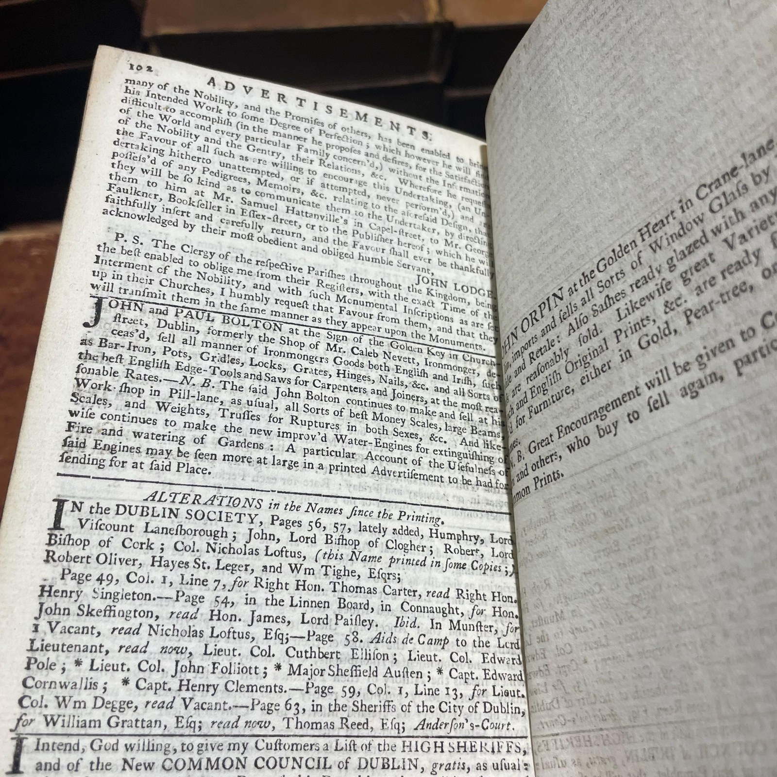 The Gentleman and Citizen's Almanack (By John Watson, Bookseller) For the Year of Our Lord, 1742. Being the Second after Leap-Year. And the Fifteenth Year of King Geo.II. Reign, till 11 june. Containing, The day of The Year and Month; The Week-Days nm=amed at Large; The Sun's Rising and Setting; The Moon's Age and Changes; The New Stile; A Table of Equation; The Time of Hig Water at Dublin-bar; the Times of Having the Lamps Light up in the City of Dublin; and The length of Twilight. Together with a new Sleaing Table, and Several other Tables, Renewed, Improved, or Continued. Likewaise, the Marriages and Deaths of The Princes of Europe. Also, the names of the Lord Lieutenantm Privy Council, The Lords and Commons of Parliment, (Printed by Authority,) The Judges, The Dublin Society, and several other Persons in Places of High Truct and Office in tis Kingdom, both Civil and Military: With the Prraemiums of The Dublin Society. To which are added, The Roads and Fairs of ireland. And a Table of Noted Places, referring to their several Post-Towns, considerably enlarged and made easier. The Whole Corrected at the Proper Offices, and more particularly referr'd to in the Contents. N.B. The Names of the Several Officers of the Four Courts are Printed here by the Leave of The Lord Chancellor and Judges. — photograph 7.