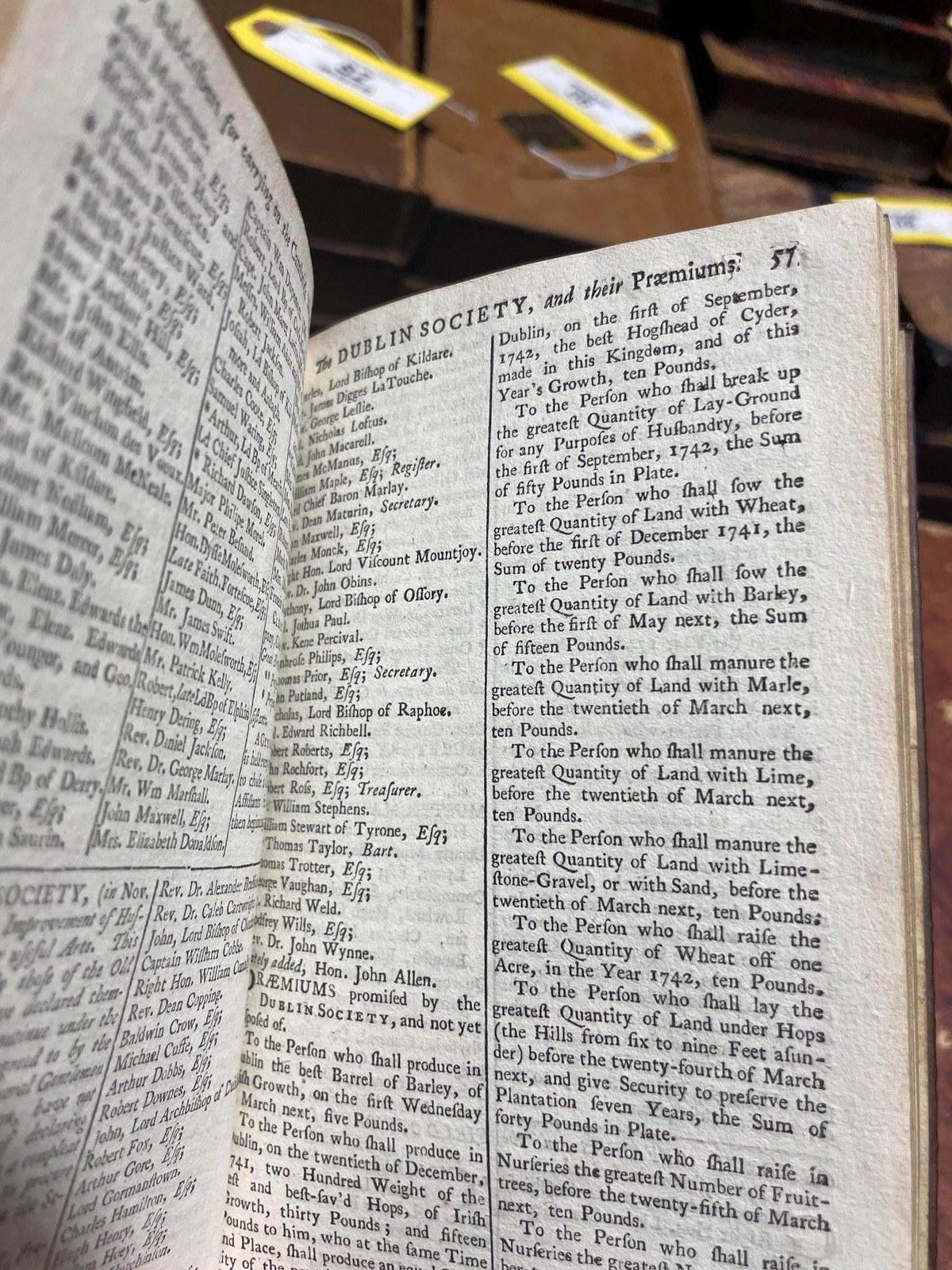 The Gentleman and Citizen's Almanack (By John Watson, Bookseller) For the Year of Our Lord, 1742. Being the Second after Leap-Year. And the Fifteenth Year of King Geo.II. Reign, till 11 june. Containing, The day of The Year and Month; The Week-Days nm=amed at Large; The Sun's Rising and Setting; The Moon's Age and Changes; The New Stile; A Table of Equation; The Time of Hig Water at Dublin-bar; the Times of Having the Lamps Light up in the City of Dublin; and The length of Twilight. Together with a new Sleaing Table, and Several other Tables, Renewed, Improved, or Continued. Likewaise, the Marriages and Deaths of The Princes of Europe. Also, the names of the Lord Lieutenantm Privy Council, The Lords and Commons of Parliment, (Printed by Authority,) The Judges, The Dublin Society, and several other Persons in Places of High Truct and Office in tis Kingdom, both Civil and Military: With the Prraemiums of The Dublin Society. To which are added, The Roads and Fairs of ireland. And a Table of Noted Places, referring to their several Post-Towns, considerably enlarged and made easier. The Whole Corrected at the Proper Offices, and more particularly referr'd to in the Contents. N.B. The Names of the Several Officers of the Four Courts are Printed here by the Leave of The Lord Chancellor and Judges. — photograph 9.