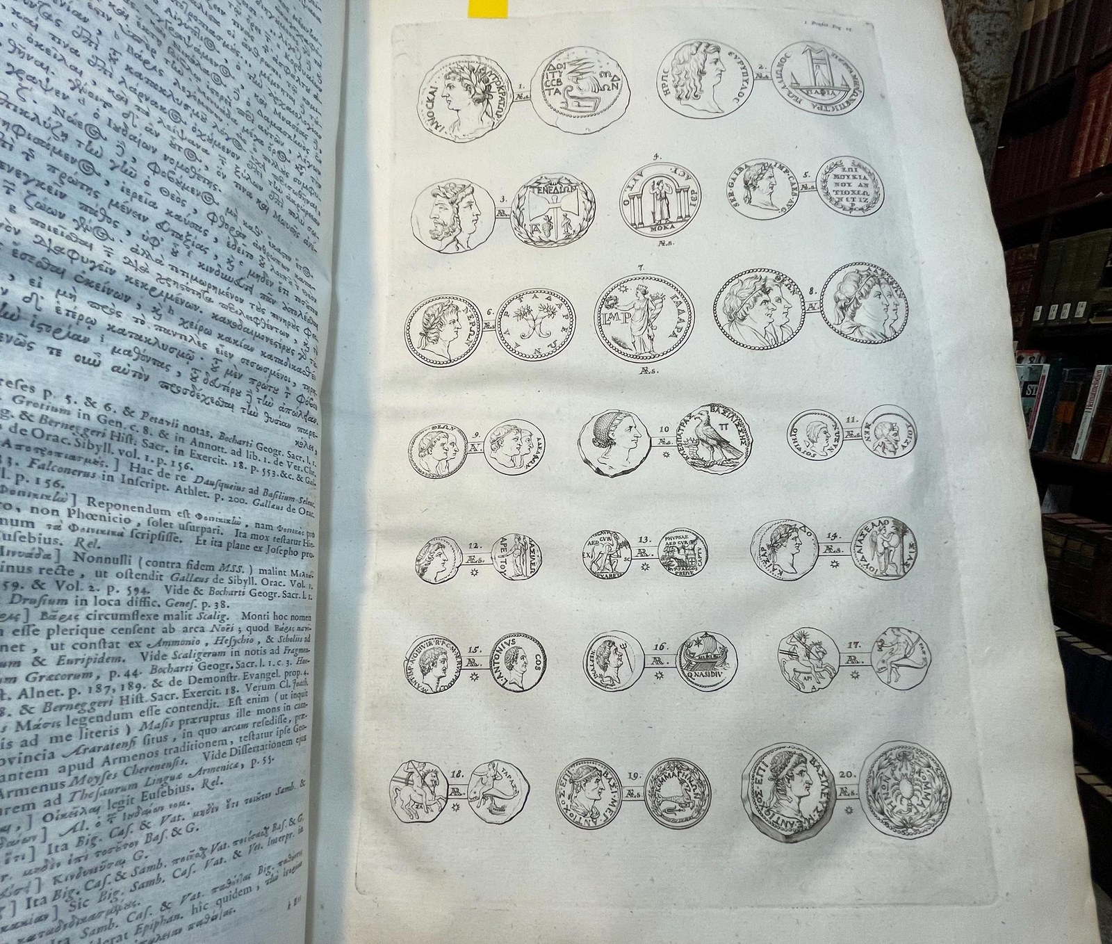 Flavii Josephi Quae Reperiri Potuerunt, Opera Omnia Graece et Latine, Cum Notis & Nova Versione Joannis Hudsoni, S.T.P. Aulae B. Mariae Virginis Principalis, & Bibliothecarii Bodlejani. Accedunt Nunc Primum Notae Integrae, ad Graeca Josephi & Varios Ejusdem Libros, D. Eduardi Bernardi, Jacobi Gronovii, Francisci Combefisii, Jo. Sibrandae, Hendr. Aldrichii. Ut & Ineditae In Universa Fl. Josephi Opera, Joannis Covvei, Ezechielis Spanhemii, Hadriani Relandi, & Selectae Aliorum. Adjiciuntur In Fine Caroli Daubuz Libri duo pro Testimonio Fl. Josephi de Jesu Christo; Et ejusdem Argumenti Epistolae XXX. virorum Doctorum, ut Reinesii, Snellii, Jo. Fr. Gronovii aliorumque, Philologicae & Historicae; ut & Petri Brinch Examen Chronologiae & Historiae Josephicae; Jo. Baptist. Ottii Animadversiones as Josephum & specimen Levici Flaviani; Christ. Noldii Historia Ideumaea, seu de Vita & Gestis Herodum &c. &c. Quorum Syllabus exstat ante Libri Primi Antiquitatum. Omnia collegit, disposuit, & post Jo. Hudsonum ad Codices fere omnes, cum inpressos, tum Manuscriptos, praecipue Lugduno-Batavos, diligenter recensuit, Notasque passim suas, & quinque in fibe Indices adjecit Sigebertus Havercampus; Linguae Graeca, Historiarum & Eloquentiae Professor, in Academia, quae Lugduni est, Batava. Tomis Duobus. Translated from Latin: "The Complete Works of Flavius Josephus That Could Be Found, in Greek and Latin, with Notes & a New Translation by John Hudson, S.T.P., Principal of St. Mary’s Hall and Bodleian Librarian. Additional Notes for the Greek Texts of Josephus and Various Books, by Edward Bernard, Jacob Gronovius, Francis Combefis, John Sibranda, Henry Aldrich. Also Added for the First Time are the Unpublished Notes on All of Flavius Josephus's Works by John Covell, Ezechiel Spanheim, Adriaan Reland, and Selected Others. Included at the End are Two Books by Charles Daubuz in Defense of Flavius Josephus's Testimony About Jesus Christ, as well as 30 Epistles of Learned Men on the Same Subject, such as Reinesius, Snellius, John Frederic Gronovius, and Others, Philological & Historical. Furthermore, Peter Brinch’s Examination of the Chronology and History of Josephus; John Baptist Ott’s Observations on Josephus and Specimen of Flavian Levite; Christian Nold's History of Idumea, or the Life & Acts of the Herods, etc., etc., the List of Which is Found Before the First Book of Antiquities. All Collected, Organized, and After John Hudson Were Carefully Reviewed Against Almost All the Codices, Both Printed and Manuscript, Especially Those of Leiden, with Notes Throughout by Sigebert Havercamp, Professor of the Greek Language, History, and Eloquence at the Academy of Leiden. In Two Volumes." — photograph 6.