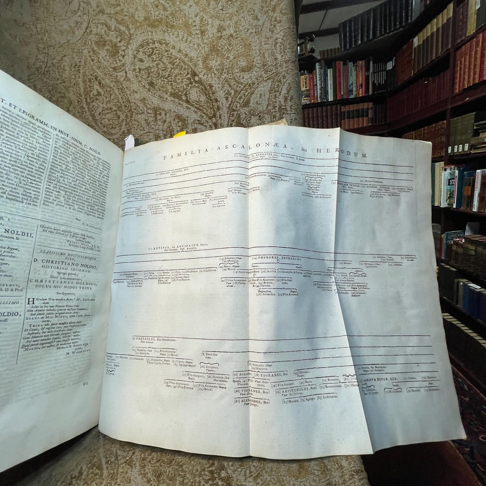 Flavii Josephi Quae Reperiri Potuerunt, Opera Omnia Graece et Latine, Cum Notis & Nova Versione Joannis Hudsoni, S.T.P. Aulae B. Mariae Virginis Principalis, & Bibliothecarii Bodlejani. Accedunt Nunc Primum Notae Integrae, ad Graeca Josephi & Varios Ejusdem Libros, D. Eduardi Bernardi, Jacobi Gronovii, Francisci Combefisii, Jo. Sibrandae, Hendr. Aldrichii. Ut & Ineditae In Universa Fl. Josephi Opera, Joannis Covvei, Ezechielis Spanhemii, Hadriani Relandi, & Selectae Aliorum. Adjiciuntur In Fine Caroli Daubuz Libri duo pro Testimonio Fl. Josephi de Jesu Christo; Et ejusdem Argumenti Epistolae XXX. virorum Doctorum, ut Reinesii, Snellii, Jo. Fr. Gronovii aliorumque, Philologicae & Historicae; ut & Petri Brinch Examen Chronologiae & Historiae Josephicae; Jo. Baptist. Ottii Animadversiones as Josephum & specimen Levici Flaviani; Christ. Noldii Historia Ideumaea, seu de Vita & Gestis Herodum &c. &c. Quorum Syllabus exstat ante Libri Primi Antiquitatum. Omnia collegit, disposuit, & post Jo. Hudsonum ad Codices fere omnes, cum inpressos, tum Manuscriptos, praecipue Lugduno-Batavos, diligenter recensuit, Notasque passim suas, & quinque in fibe Indices adjecit Sigebertus Havercampus; Linguae Graeca, Historiarum & Eloquentiae Professor, in Academia, quae Lugduni est, Batava. Tomis Duobus. Translated from Latin: "The Complete Works of Flavius Josephus That Could Be Found, in Greek and Latin, with Notes & a New Translation by John Hudson, S.T.P., Principal of St. Mary’s Hall and Bodleian Librarian. Additional Notes for the Greek Texts of Josephus and Various Books, by Edward Bernard, Jacob Gronovius, Francis Combefis, John Sibranda, Henry Aldrich. Also Added for the First Time are the Unpublished Notes on All of Flavius Josephus's Works by John Covell, Ezechiel Spanheim, Adriaan Reland, and Selected Others. Included at the End are Two Books by Charles Daubuz in Defense of Flavius Josephus's Testimony About Jesus Christ, as well as 30 Epistles of Learned Men on the Same Subject, such as Reinesius, Snellius, John Frederic Gronovius, and Others, Philological & Historical. Furthermore, Peter Brinch’s Examination of the Chronology and History of Josephus; John Baptist Ott’s Observations on Josephus and Specimen of Flavian Levite; Christian Nold's History of Idumea, or the Life & Acts of the Herods, etc., etc., the List of Which is Found Before the First Book of Antiquities. All Collected, Organized, and After John Hudson Were Carefully Reviewed Against Almost All the Codices, Both Printed and Manuscript, Especially Those of Leiden, with Notes Throughout by Sigebert Havercamp, Professor of the Greek Language, History, and Eloquence at the Academy of Leiden. In Two Volumes." — photograph 7.
