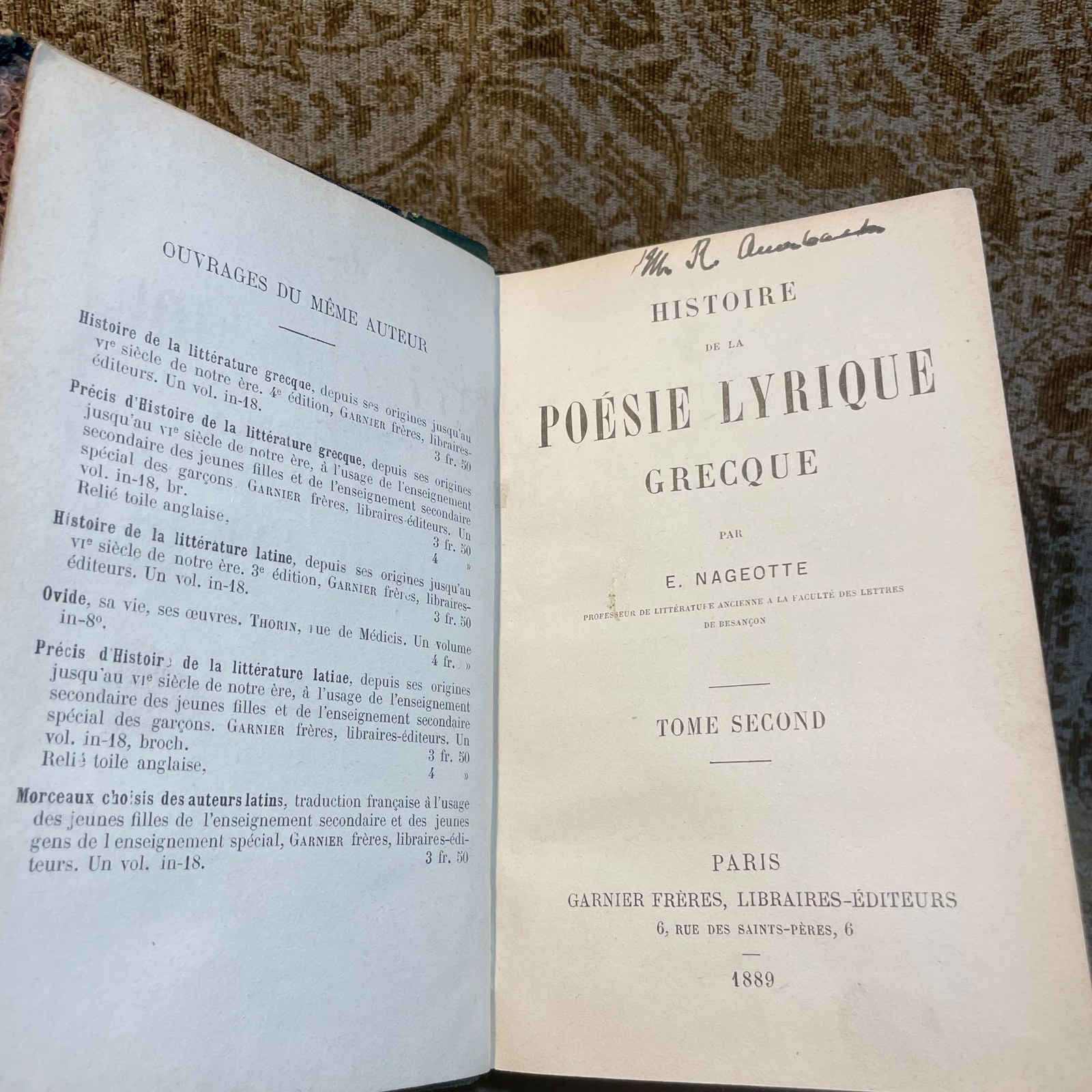 Histoire De La Poésie Lyrique Grecque Par E. Nageotte Professeur De Littérature Ancienne À La Faculté Des Lettres De Besançon. Translated: History Of Greek Lyric Poetry By E. Nageotte Professor Of Ancient Literature At The Faculty Of Letters Of Besançon. (2 volumes) — photograph 5.