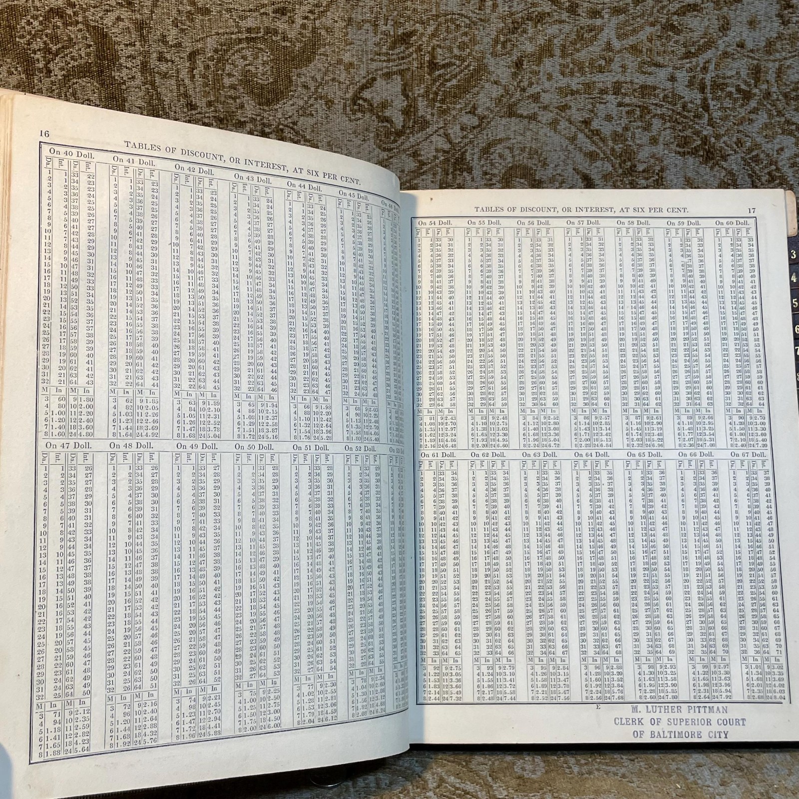 Stereotype Edition of Rowlett's Tables of Discount, or Interest; Showing at Sight, The Interest on Each and Every Dollar, From Unit, or One, to Two Thousand: on Every Ten Dollars, from Two Thousand to Three Thousand; on Every Fifty, from Three Thousand to Five Thousand; On Rvery Five Hunder, from Five Thousand to Ten Thousand; for Each and Every Day. from One, to Sixty-four Days Inclusive; Also, For Every Month, from One to Twelve, and for Eighteen Months, and Two Years; besides A Complete Cent Table: The Whole Computed at Six Per Cent. According to the Equitable Principles of The Banks; and as Practised between Individuals, Throughout the United Staes, in Conformity to Statute Law; Together with Directions at The End of The Introduction, for Finding, almost at Sight, (by aid of the tables,) The Exact Bank Interest for any Number of Days, from Sixty-four to one Hundred and Twenty-Four Days, &c. Likewise Examples contained in the introduction, showing in what manner (by means of the tables) to Ascertain the Interest at Five, Seven, and At Eight Per Cent. And a Note under The First Page of The Figure Work, Explaining the Usual Mode of Computing Interest on Cents, and Fractions, Etc., Etc. — photograph 10.