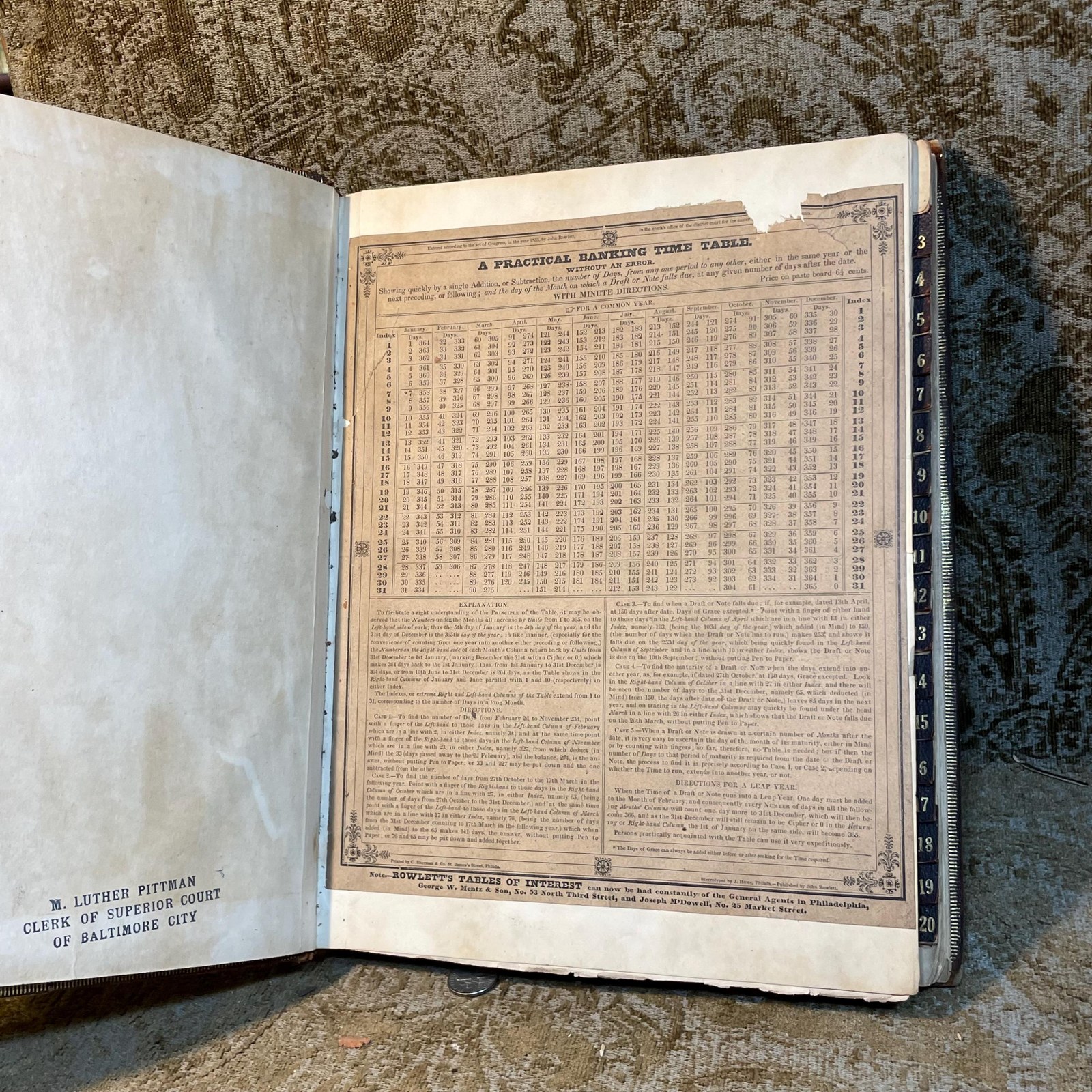 Stereotype Edition of Rowlett's Tables of Discount, or Interest; Showing at Sight, The Interest on Each and Every Dollar, From Unit, or One, to Two Thousand: on Every Ten Dollars, from Two Thousand to Three Thousand; on Every Fifty, from Three Thousand to Five Thousand; On Rvery Five Hunder, from Five Thousand to Ten Thousand; for Each and Every Day. from One, to Sixty-four Days Inclusive; Also, For Every Month, from One to Twelve, and for Eighteen Months, and Two Years; besides A Complete Cent Table: The Whole Computed at Six Per Cent. According to the Equitable Principles of The Banks; and as Practised between Individuals, Throughout the United Staes, in Conformity to Statute Law; Together with Directions at The End of The Introduction, for Finding, almost at Sight, (by aid of the tables,) The Exact Bank Interest for any Number of Days, from Sixty-four to one Hundred and Twenty-Four Days, &c. Likewise Examples contained in the introduction, showing in what manner (by means of the tables) to Ascertain the Interest at Five, Seven, and At Eight Per Cent. And a Note under The First Page of The Figure Work, Explaining the Usual Mode of Computing Interest on Cents, and Fractions, Etc., Etc. — photograph 5.