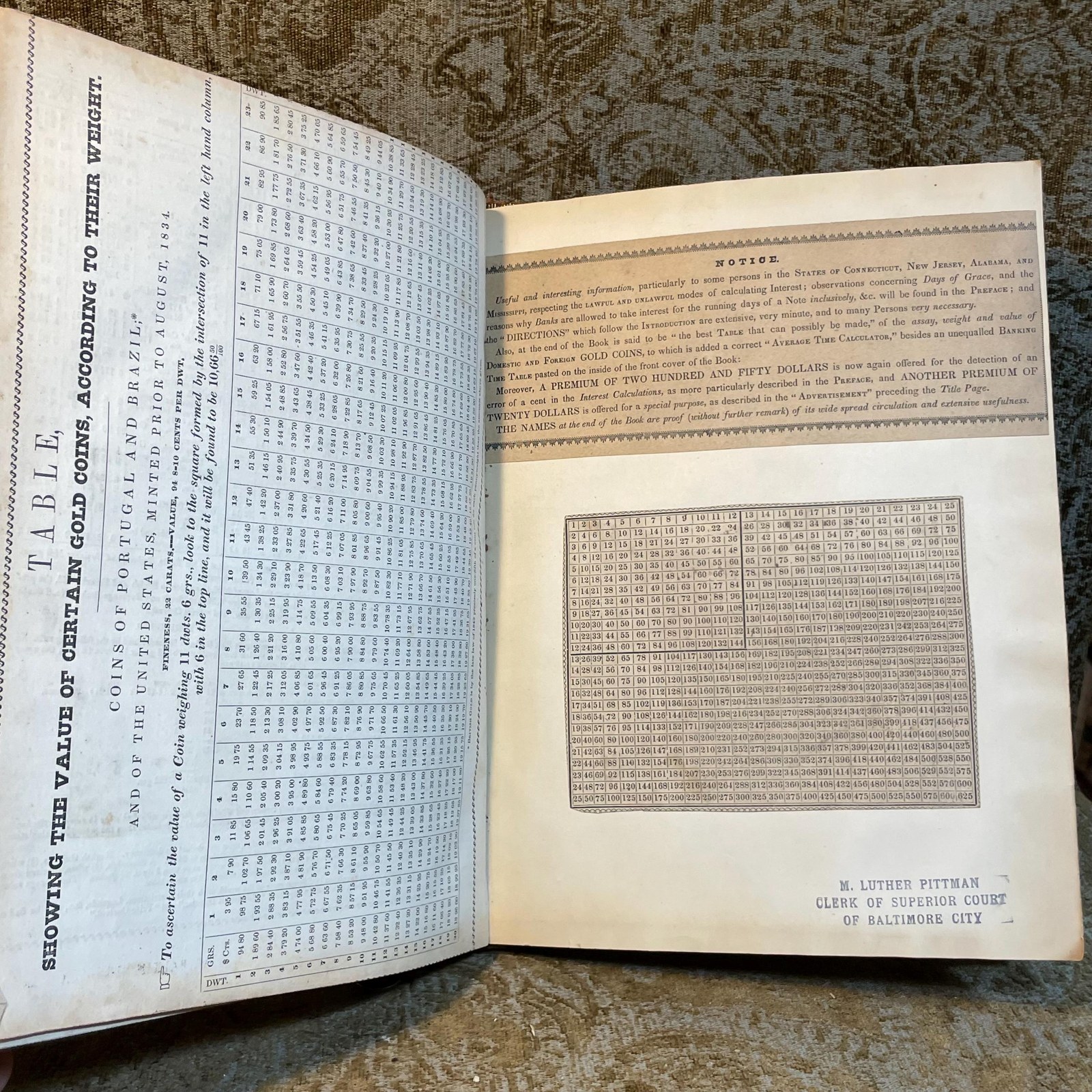 Stereotype Edition of Rowlett's Tables of Discount, or Interest; Showing at Sight, The Interest on Each and Every Dollar, From Unit, or One, to Two Thousand: on Every Ten Dollars, from Two Thousand to Three Thousand; on Every Fifty, from Three Thousand to Five Thousand; On Rvery Five Hunder, from Five Thousand to Ten Thousand; for Each and Every Day. from One, to Sixty-four Days Inclusive; Also, For Every Month, from One to Twelve, and for Eighteen Months, and Two Years; besides A Complete Cent Table: The Whole Computed at Six Per Cent. According to the Equitable Principles of The Banks; and as Practised between Individuals, Throughout the United Staes, in Conformity to Statute Law; Together with Directions at The End of The Introduction, for Finding, almost at Sight, (by aid of the tables,) The Exact Bank Interest for any Number of Days, from Sixty-four to one Hundred and Twenty-Four Days, &c. Likewise Examples contained in the introduction, showing in what manner (by means of the tables) to Ascertain the Interest at Five, Seven, and At Eight Per Cent. And a Note under The First Page of The Figure Work, Explaining the Usual Mode of Computing Interest on Cents, and Fractions, Etc., Etc. — photograph 6.