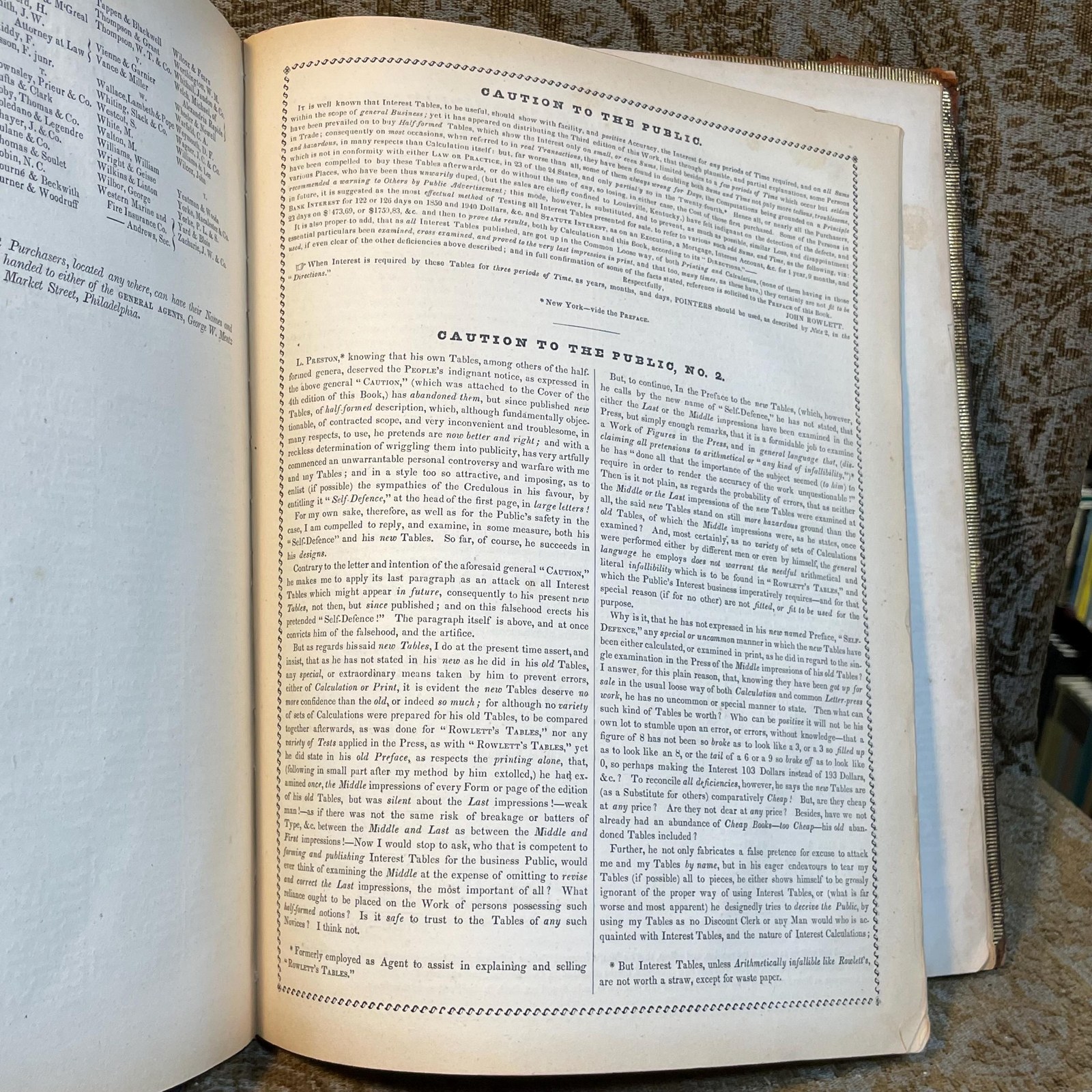 Stereotype Edition of Rowlett's Tables of Discount, or Interest; Showing at Sight, The Interest on Each and Every Dollar, From Unit, or One, to Two Thousand: on Every Ten Dollars, from Two Thousand to Three Thousand; on Every Fifty, from Three Thousand to Five Thousand; On Rvery Five Hunder, from Five Thousand to Ten Thousand; for Each and Every Day. from One, to Sixty-four Days Inclusive; Also, For Every Month, from One to Twelve, and for Eighteen Months, and Two Years; besides A Complete Cent Table: The Whole Computed at Six Per Cent. According to the Equitable Principles of The Banks; and as Practised between Individuals, Throughout the United Staes, in Conformity to Statute Law; Together with Directions at The End of The Introduction, for Finding, almost at Sight, (by aid of the tables,) The Exact Bank Interest for any Number of Days, from Sixty-four to one Hundred and Twenty-Four Days, &c. Likewise Examples contained in the introduction, showing in what manner (by means of the tables) to Ascertain the Interest at Five, Seven, and At Eight Per Cent. And a Note under The First Page of The Figure Work, Explaining the Usual Mode of Computing Interest on Cents, and Fractions, Etc., Etc. — photograph 9.