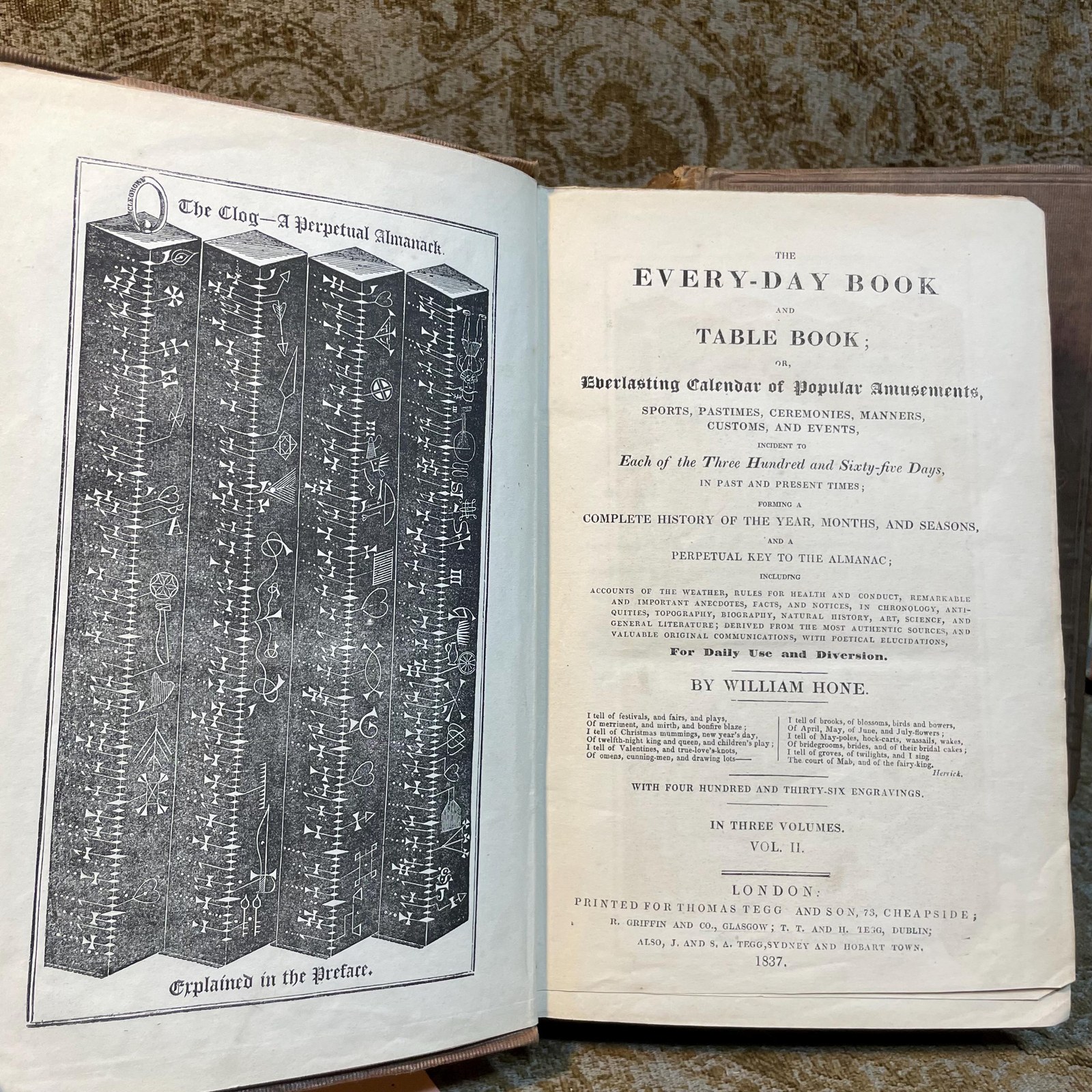 The Every-day Book and Table Book; Or, Everlasting Calendar of Popular Amusements, Sports, Pastimes, Ceremonies, Manners, Custome, and Events, Incident to Each of The Three Hundred and Sixty-Five Days, in Past and Opresent Times; Forming a Complete History of The Year, Months, and Seasons, and a Perpetual Key to The Almanac; Including Accounts of The Weather, Rules for Health and Conduct, Remarkable and Important Anecdotes, Facts, and Notices, In Chronology, Antiquities, Topography, Biography, Natural History, Art, Science, and General Literature; Derived from The Most Authentic Sources, and Valuable Original Communications, With Poetical Elucidations, For Daily Use and Diversion. ..With Four Hundred and Thrity-Six Engravings. In Three Volumes — photograph 9.