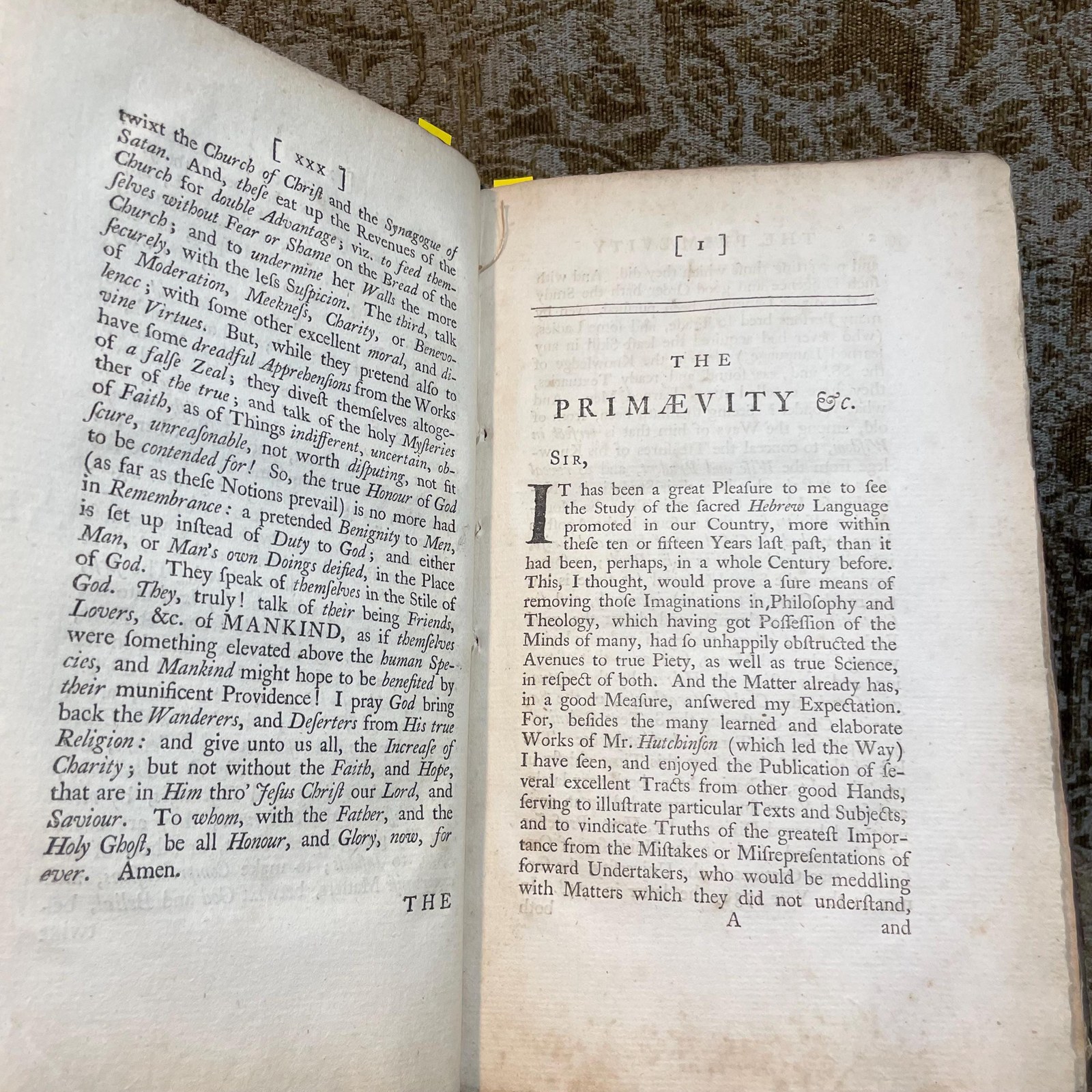 The Primaevity and Preeminence of The Sacred Hebrew, Above all Other Languages, Vindicated From The Repeated Attempts of The Reverend Dr. Hunt to Level It with The Arabic, and Other Oriental Dialects; In a Letter to a Friend. With a Word in the Preface to Dr. Shuckford ---AND--- An Essay On The Hebrew Tongue, Being an Attempt to shew That the Hebrew Bible might be originally read by Vowel-Letters without the Vowel-Points. By John Brekell (London, 1758) ---AND--- An Essay On The Hebrew Tongue, Being an Attempt to shew That the Hebrew Bible might be originally read by Vowel-Letters without the Vowel-Points. The Second Part. By John Brekell (London, 1762) 3 volumes bound as one. — photograph 10.